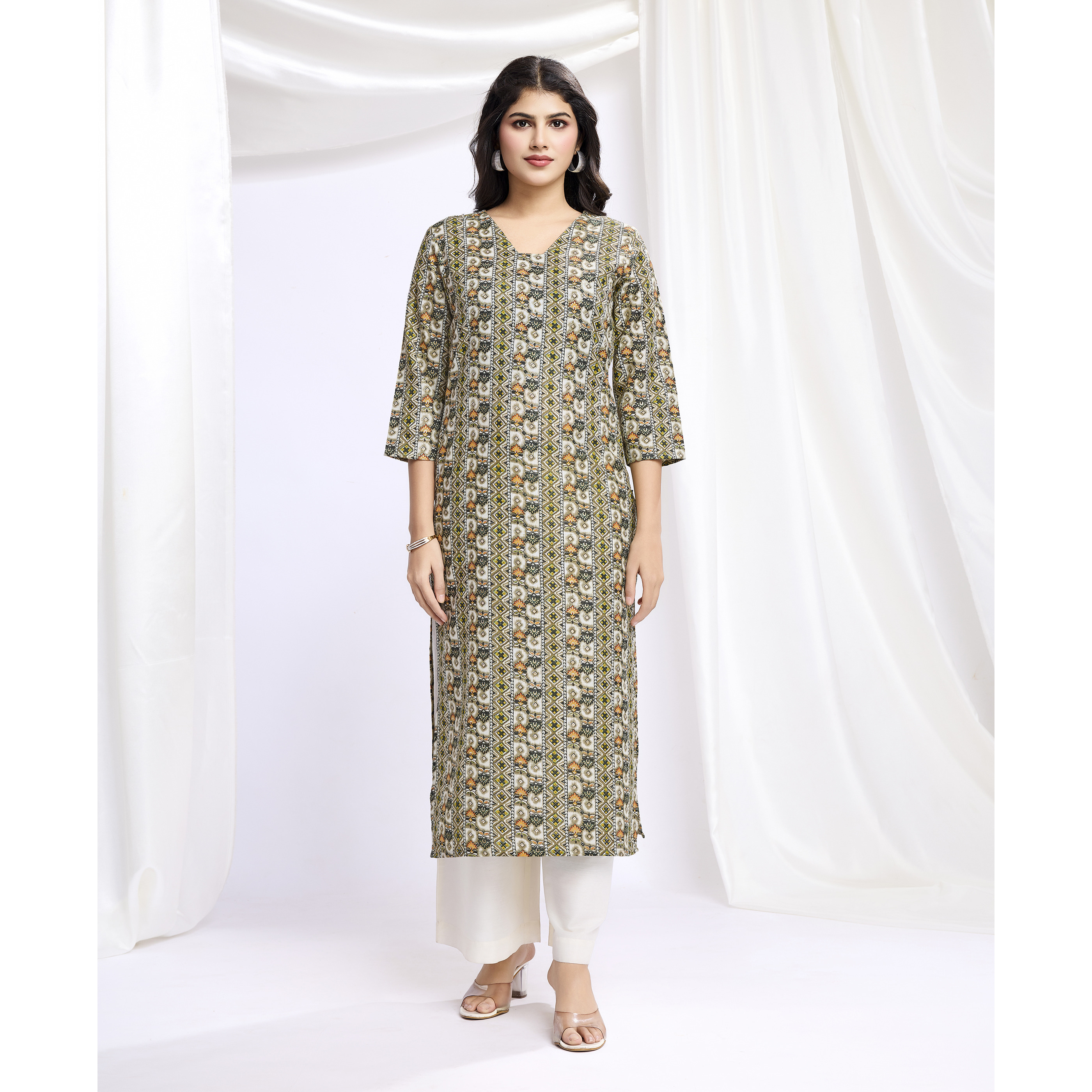 MOJILAA Women's Olive Green Linen Silk Geometric Printed Straight Kurta