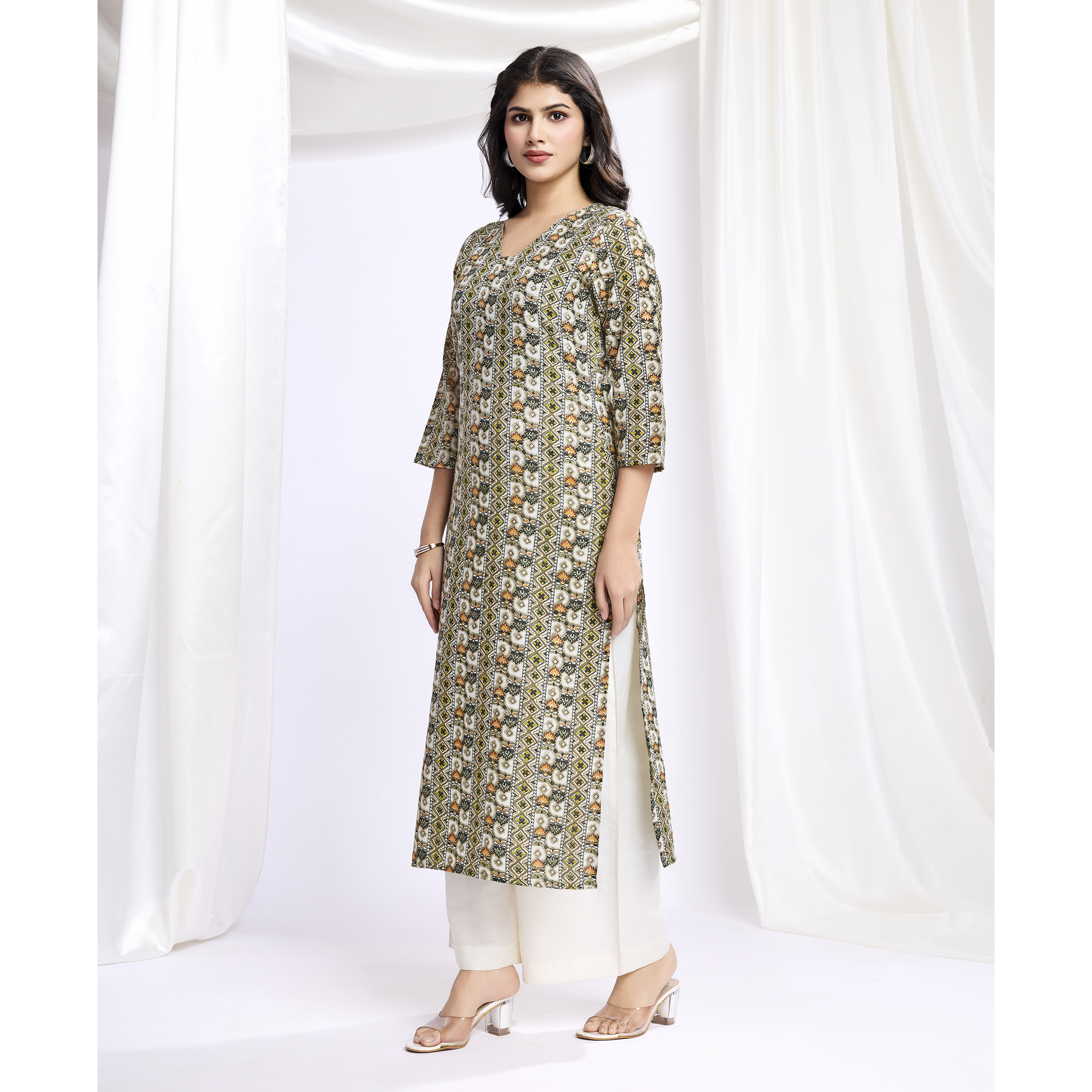 MOJILAA Women's Olive Green Linen Silk Geometric Printed Straight Kurta