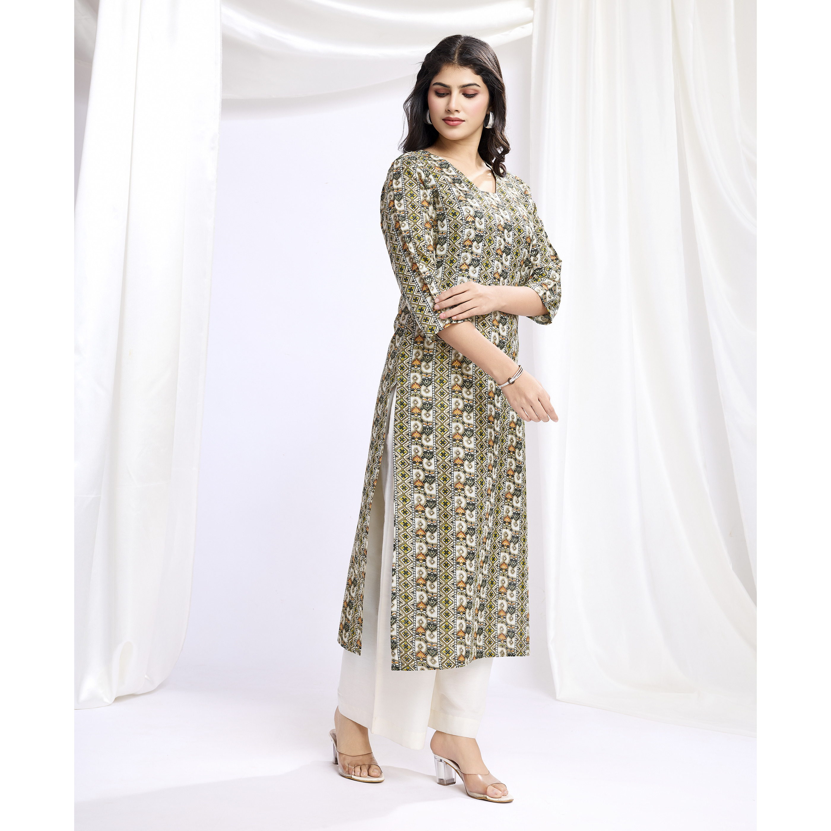 MOJILAA Women's Olive Green Linen Silk Geometric Printed Straight Kurta