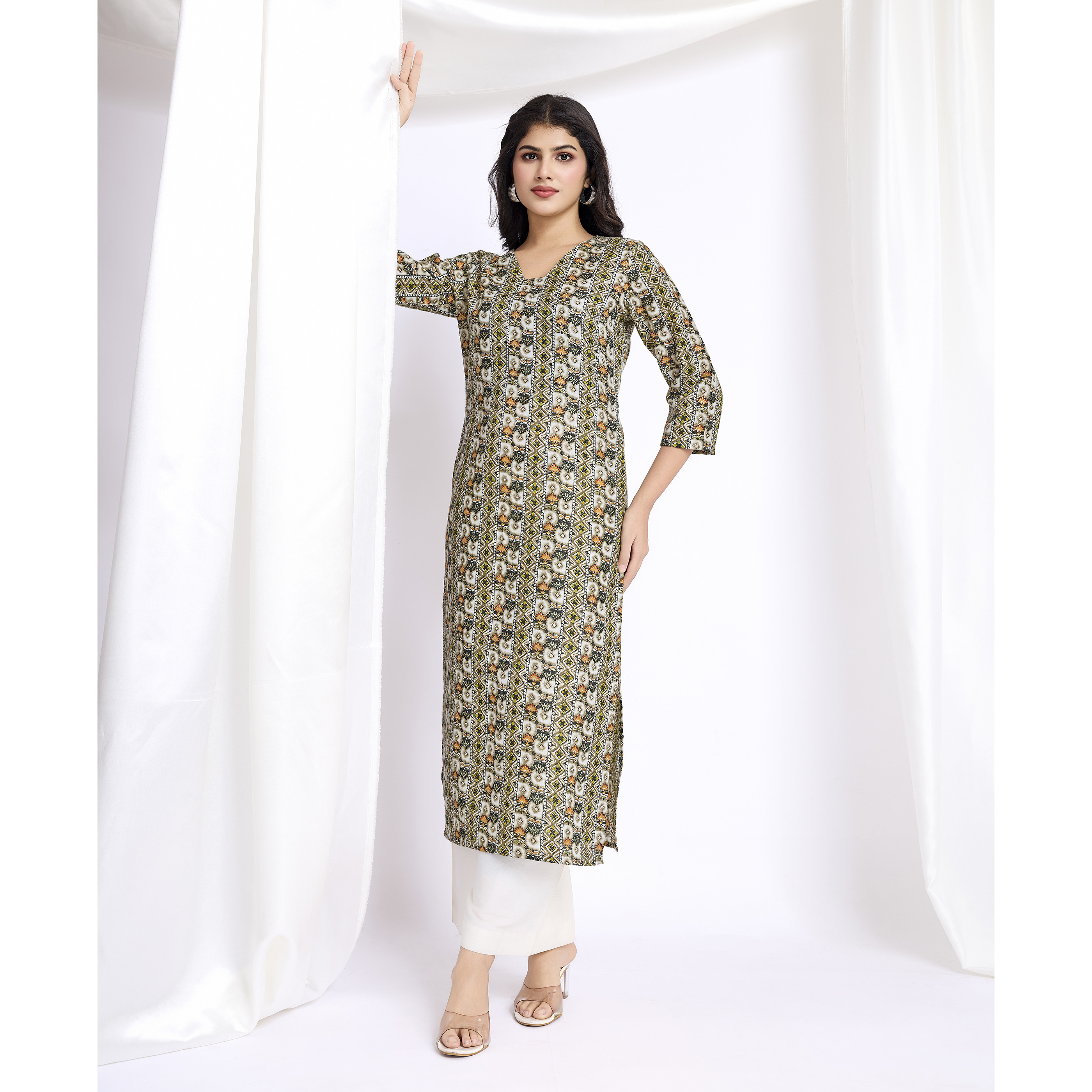 MOJILAA Women's Olive Green Linen Silk Geometric Printed Straight Kurta
