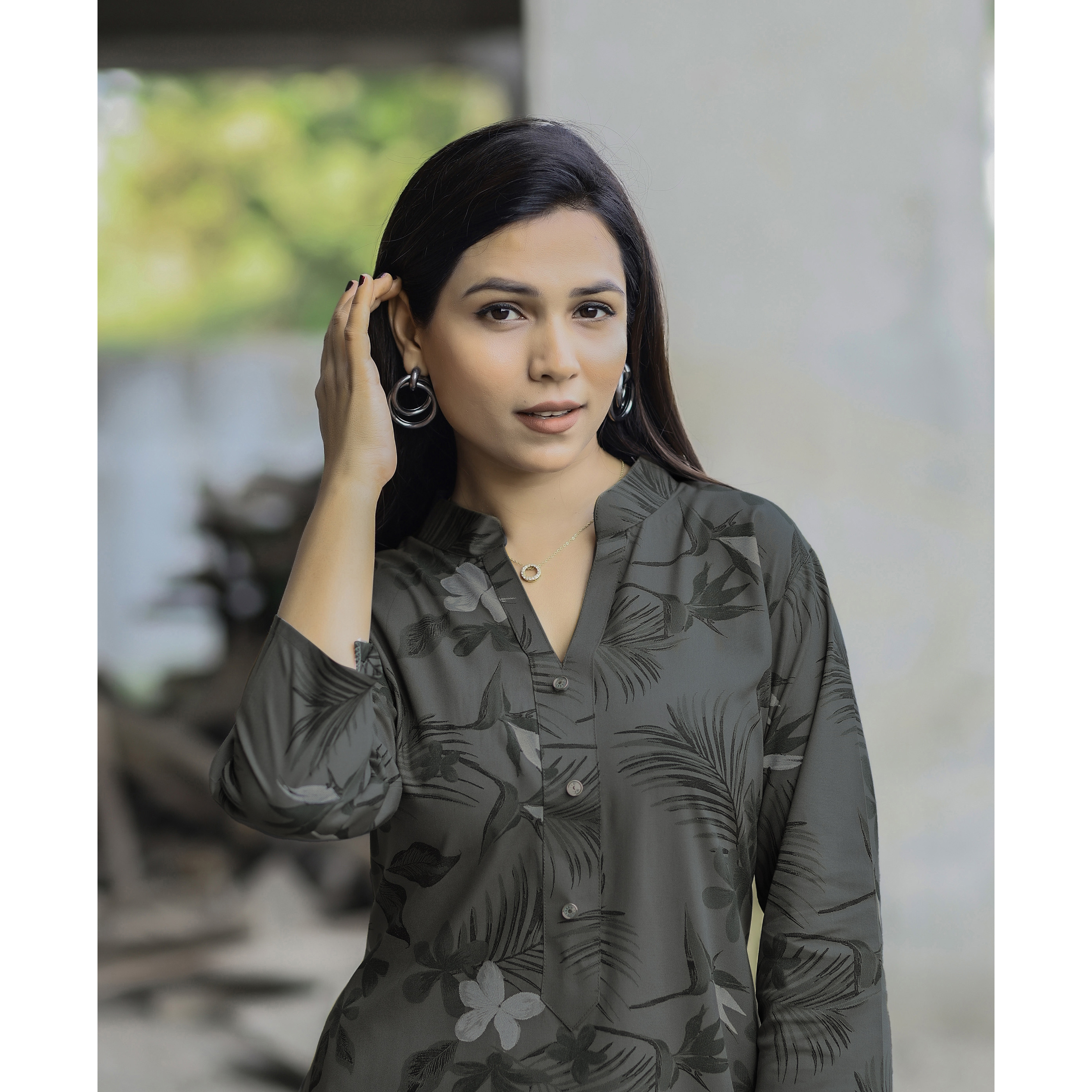 MOJILAA Women's Olive Rayon Viscose 21 KG Floral & Leaf Printed Causal Co-ord Set