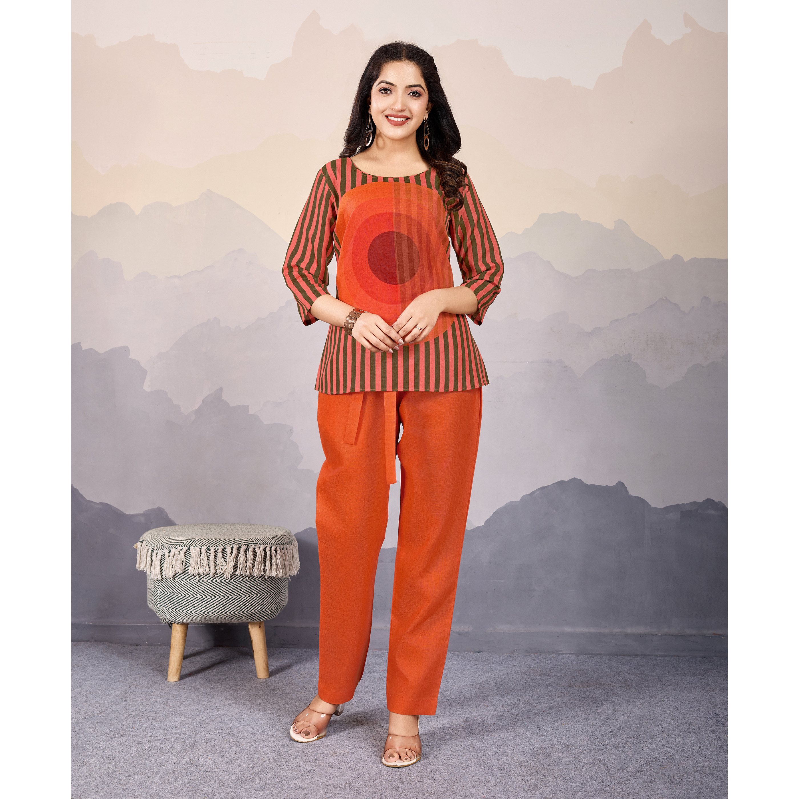 MOJILAA Women's Orange Linen Silk Stripes Printed Causal Co-ord Set
