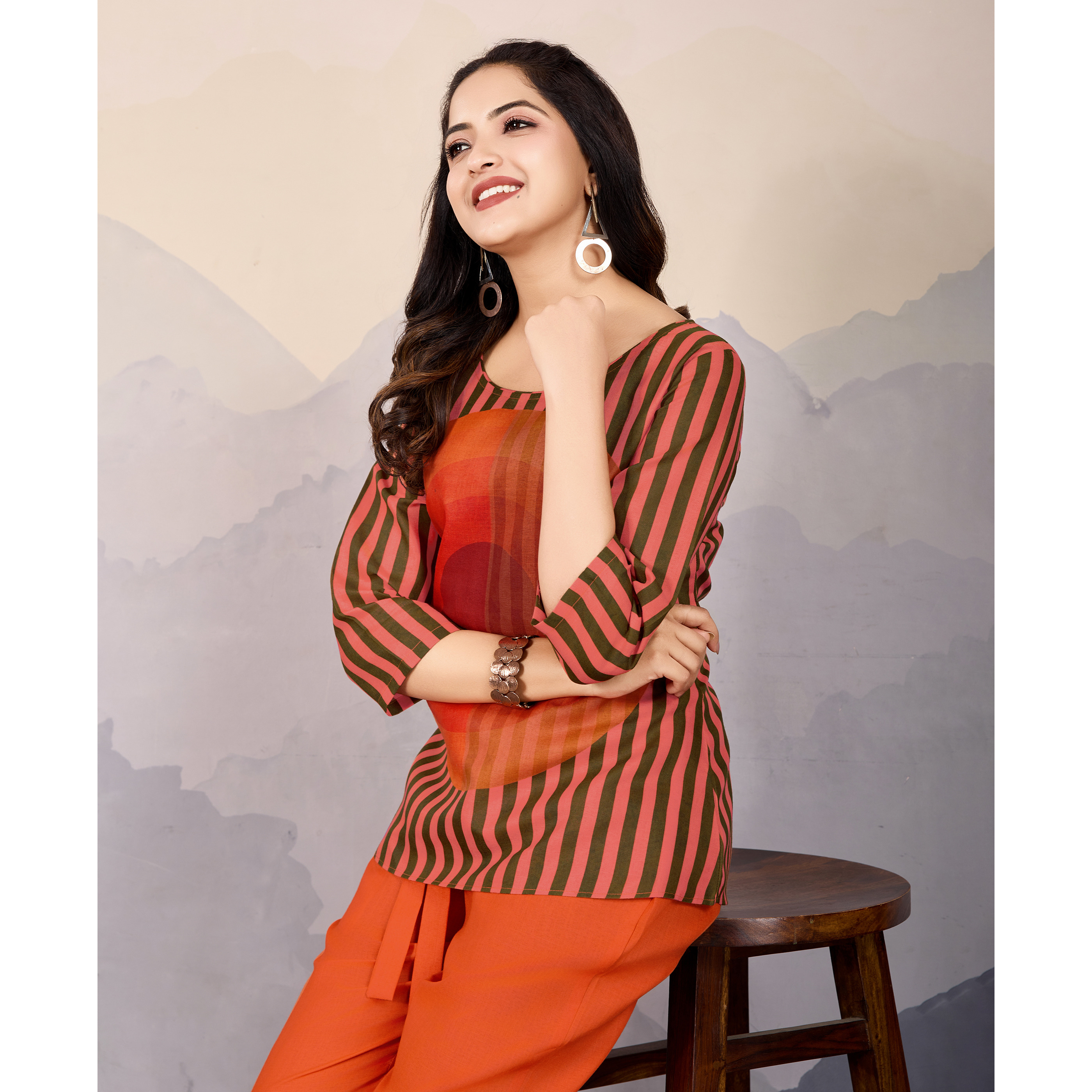 MOJILAA Women's Orange Linen Silk Stripes Printed Causal Co-ord Set