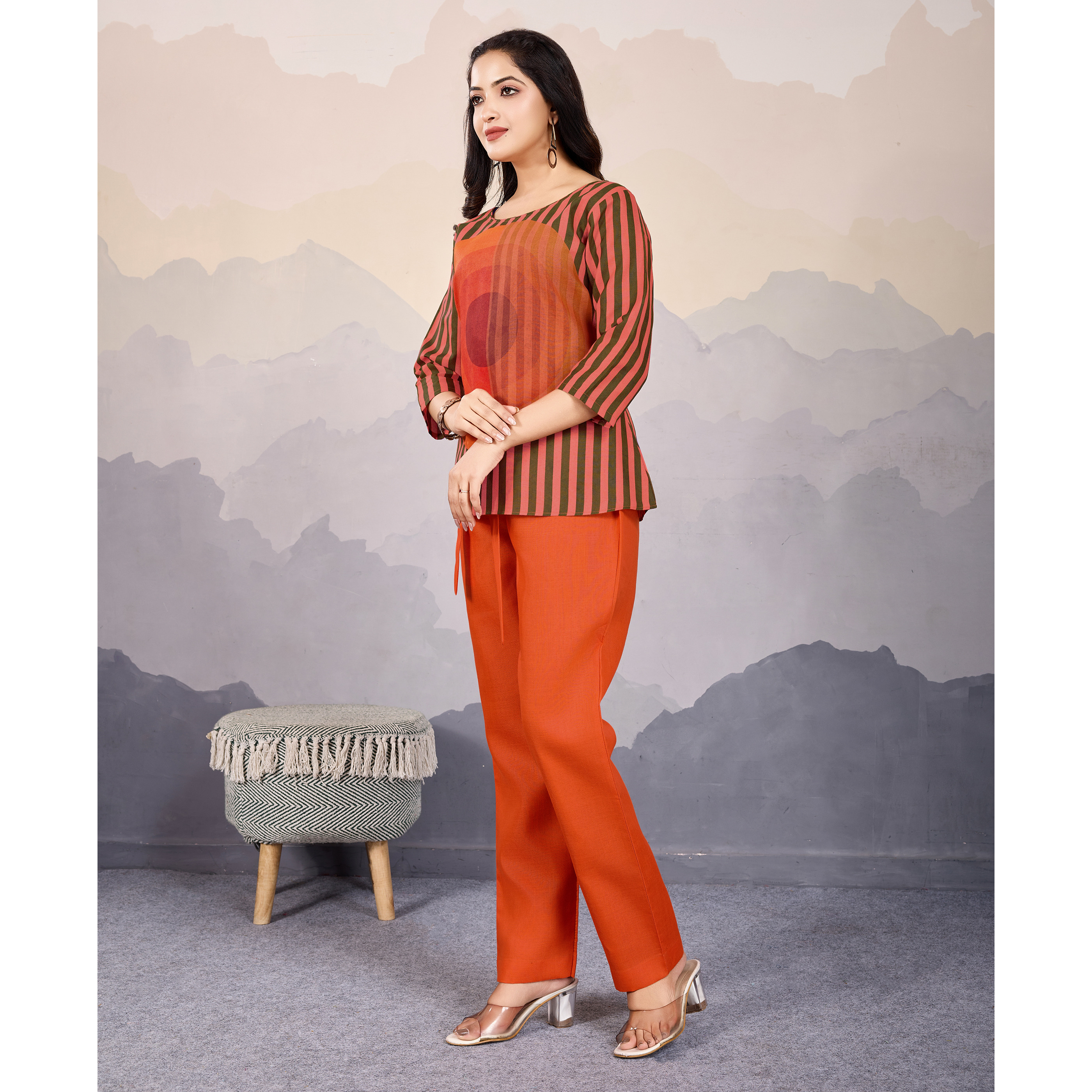 MOJILAA Women's Orange Linen Silk Stripes Printed Causal Co-ord Set