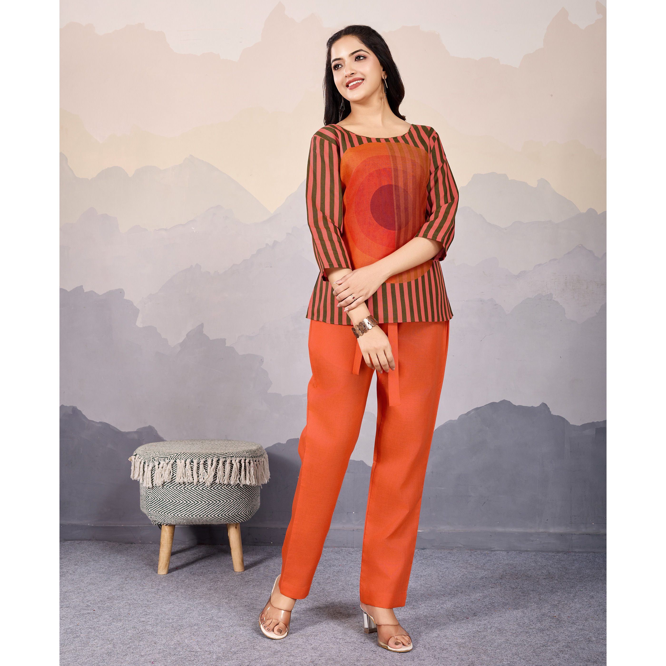 MOJILAA Women's Orange Linen Silk Stripes Printed Causal Co-ord Set
