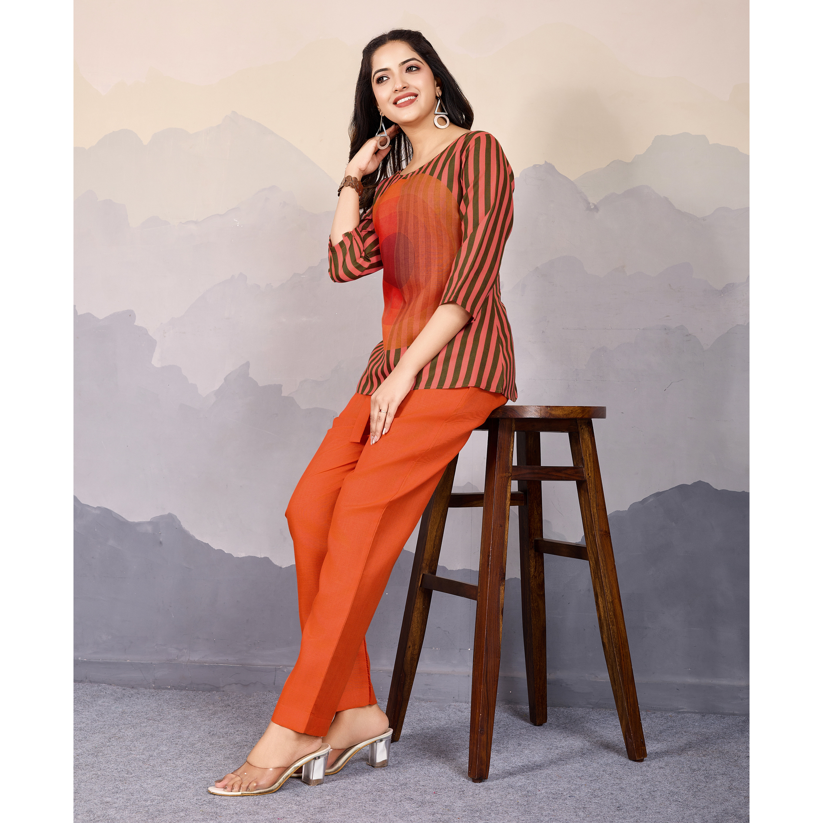 MOJILAA Women's Orange Linen Silk Stripes Printed Causal Co-ord Set