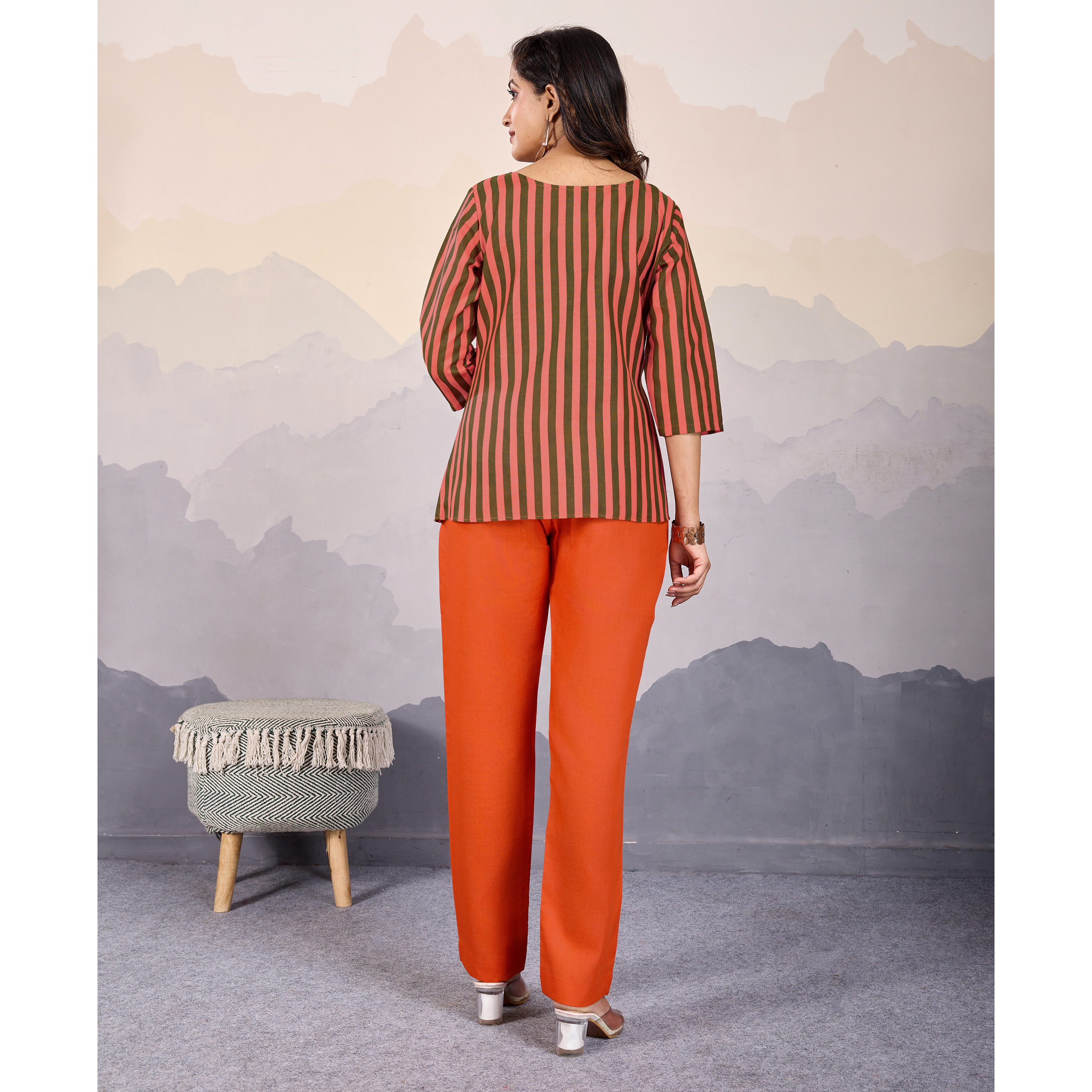 MOJILAA Women's Orange Linen Silk Stripes Printed Causal Co-ord Set