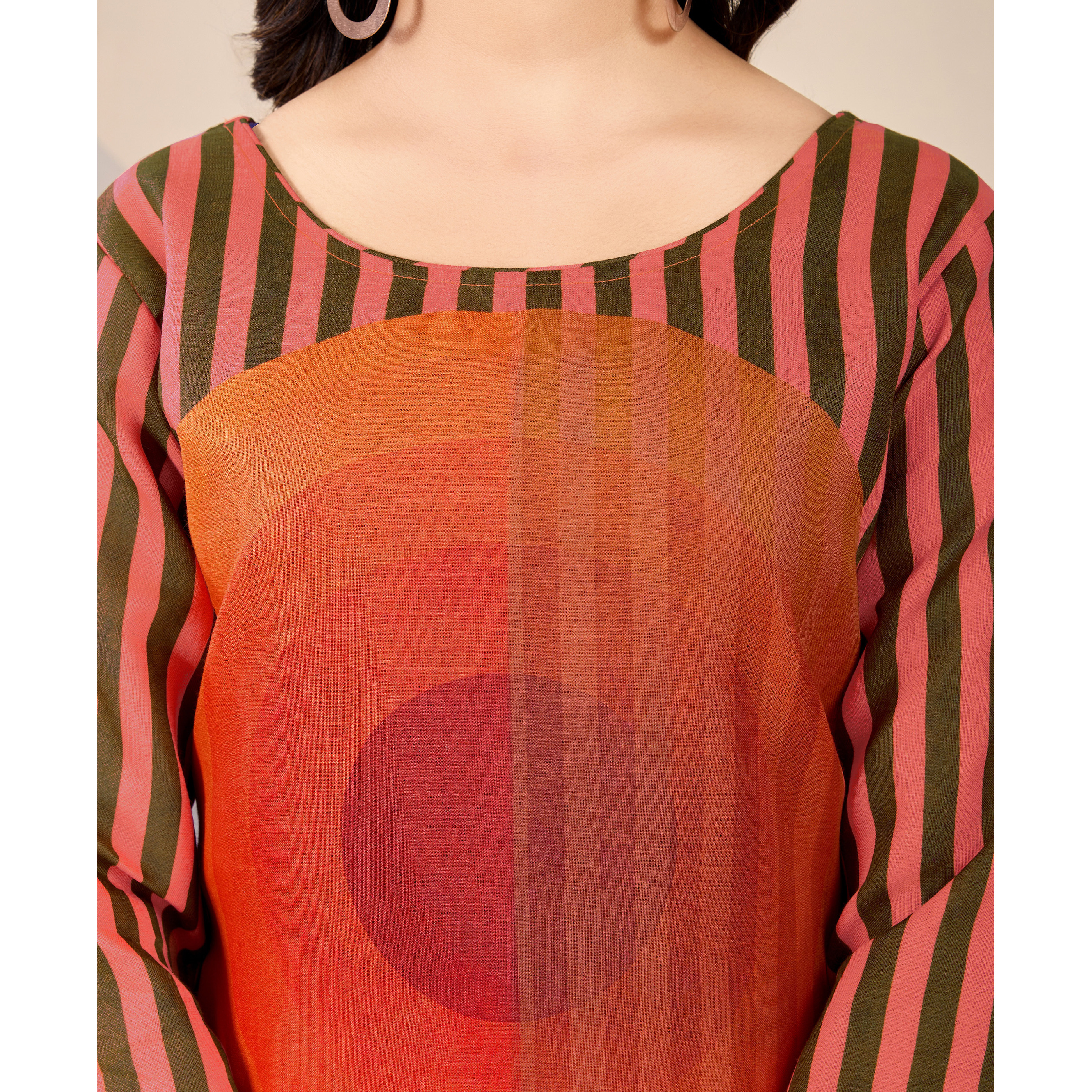 MOJILAA Women's Orange Linen Silk Stripes Printed Causal Co-ord Set