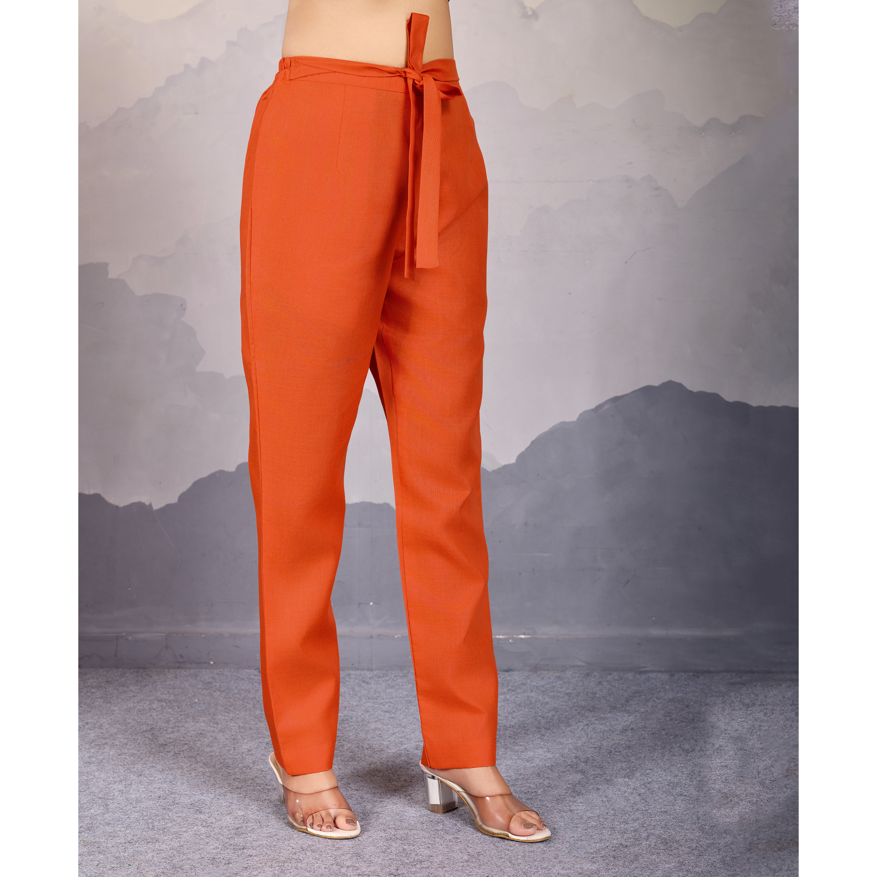 MOJILAA Women's Orange Linen Silk Stripes Printed Causal Co-ord Set