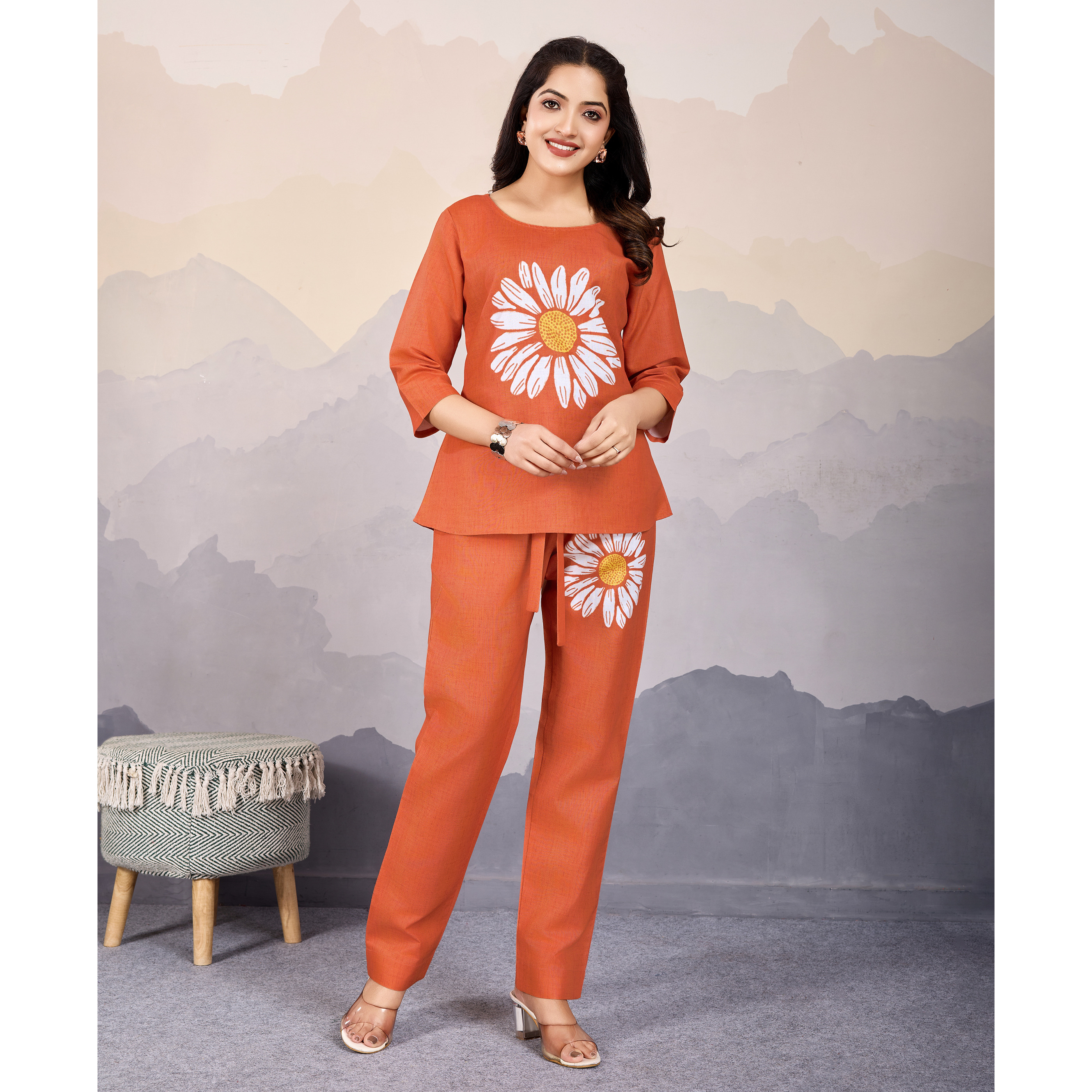 MOJILAA Women's Orange Linen Silk Sunflower Printed Causal Co-ord Set
