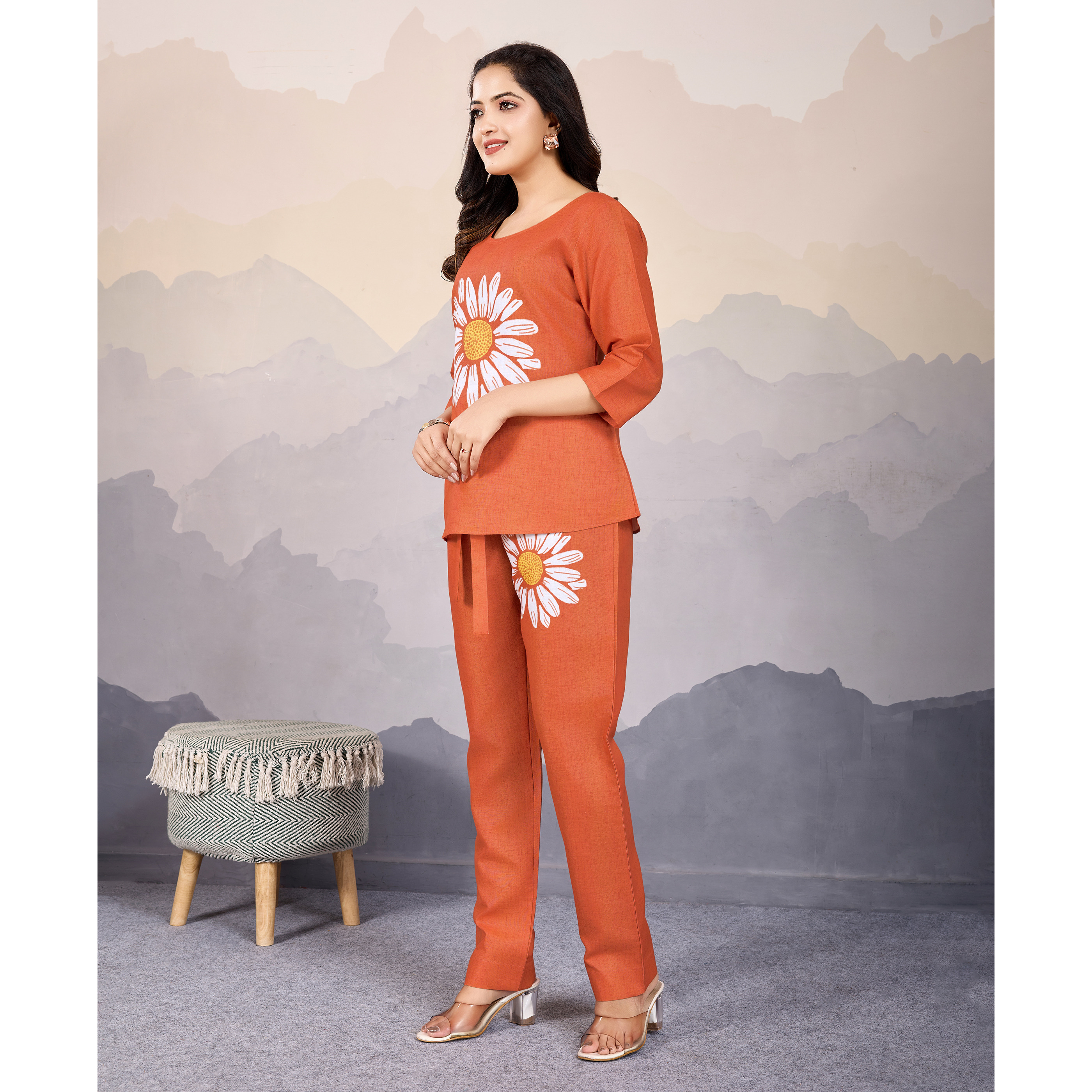 MOJILAA Women's Orange Linen Silk Sunflower Printed Causal Co-ord Set