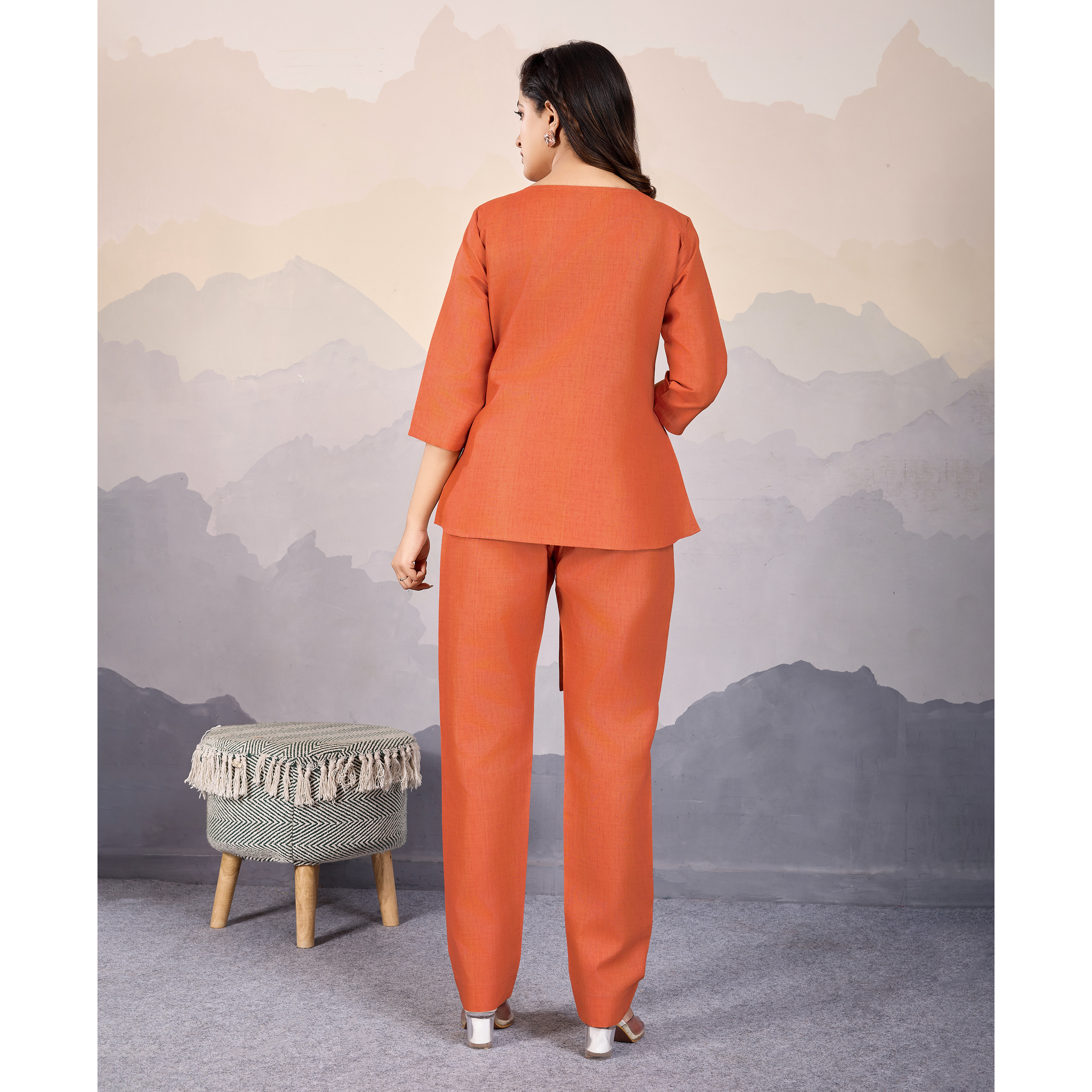 MOJILAA Women's Orange Linen Silk Sunflower Printed Causal Co-ord Set
