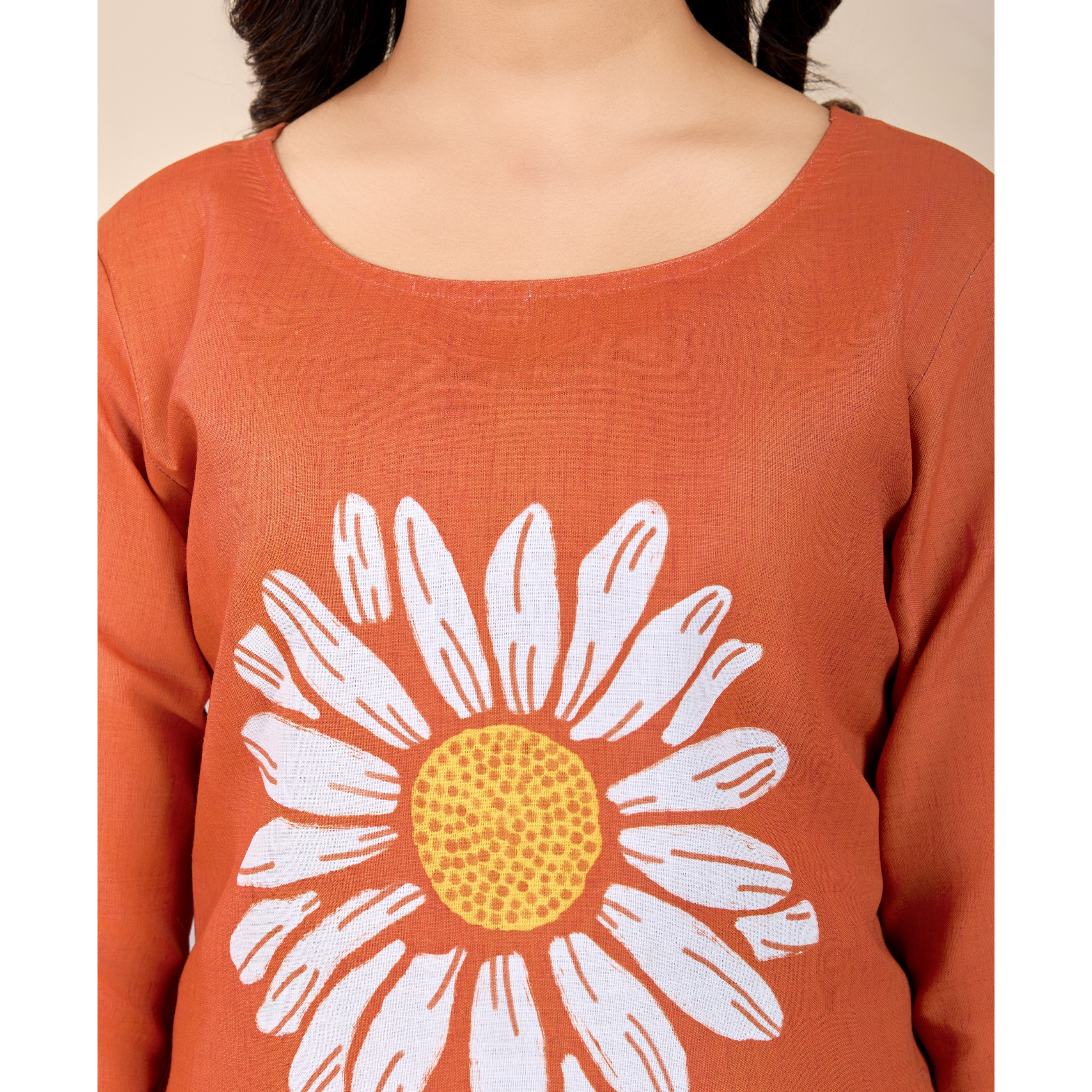 MOJILAA Women's Orange Linen Silk Sunflower Printed Causal Co-ord Set
