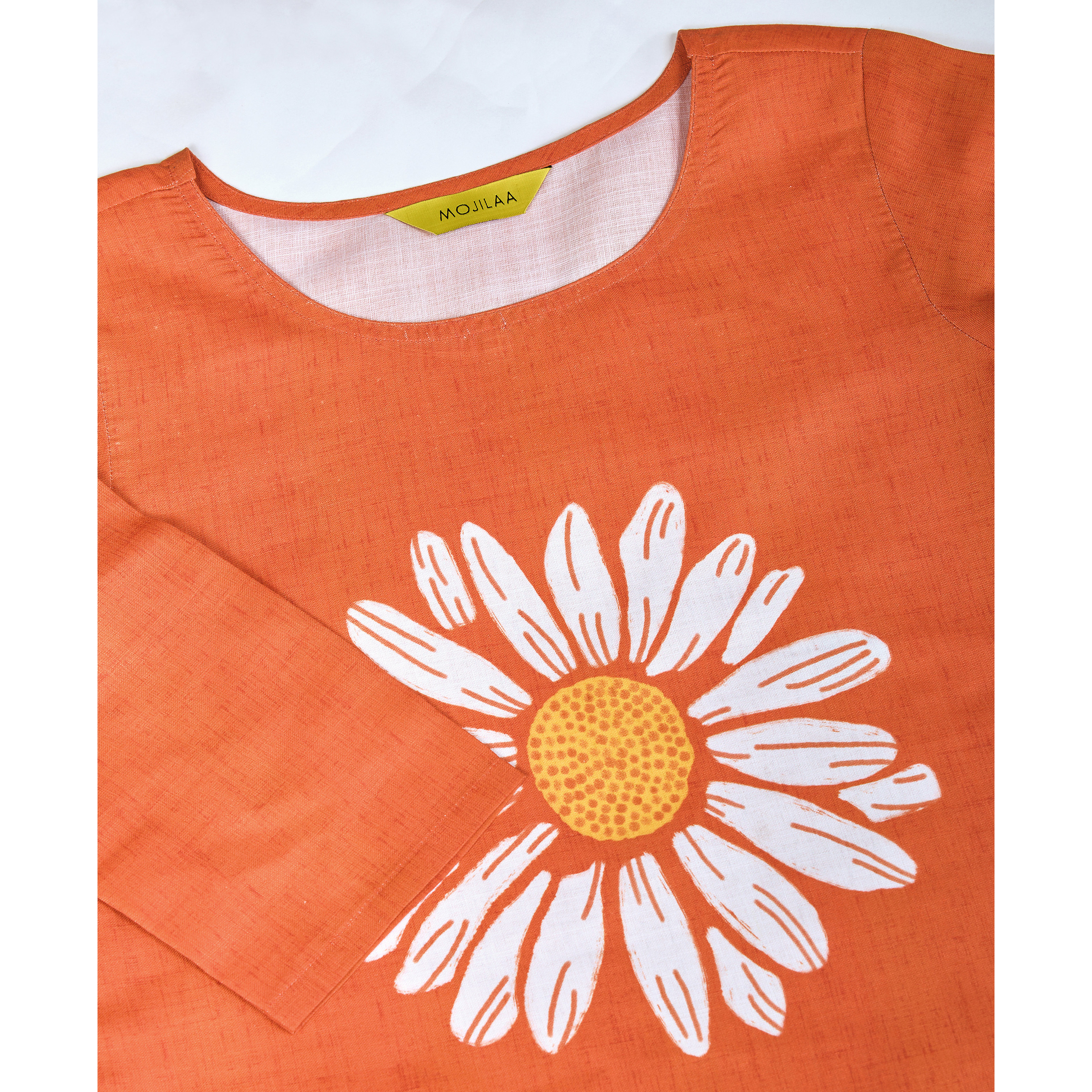 MOJILAA Women's Orange Linen Silk Sunflower Printed Causal Co-ord Set