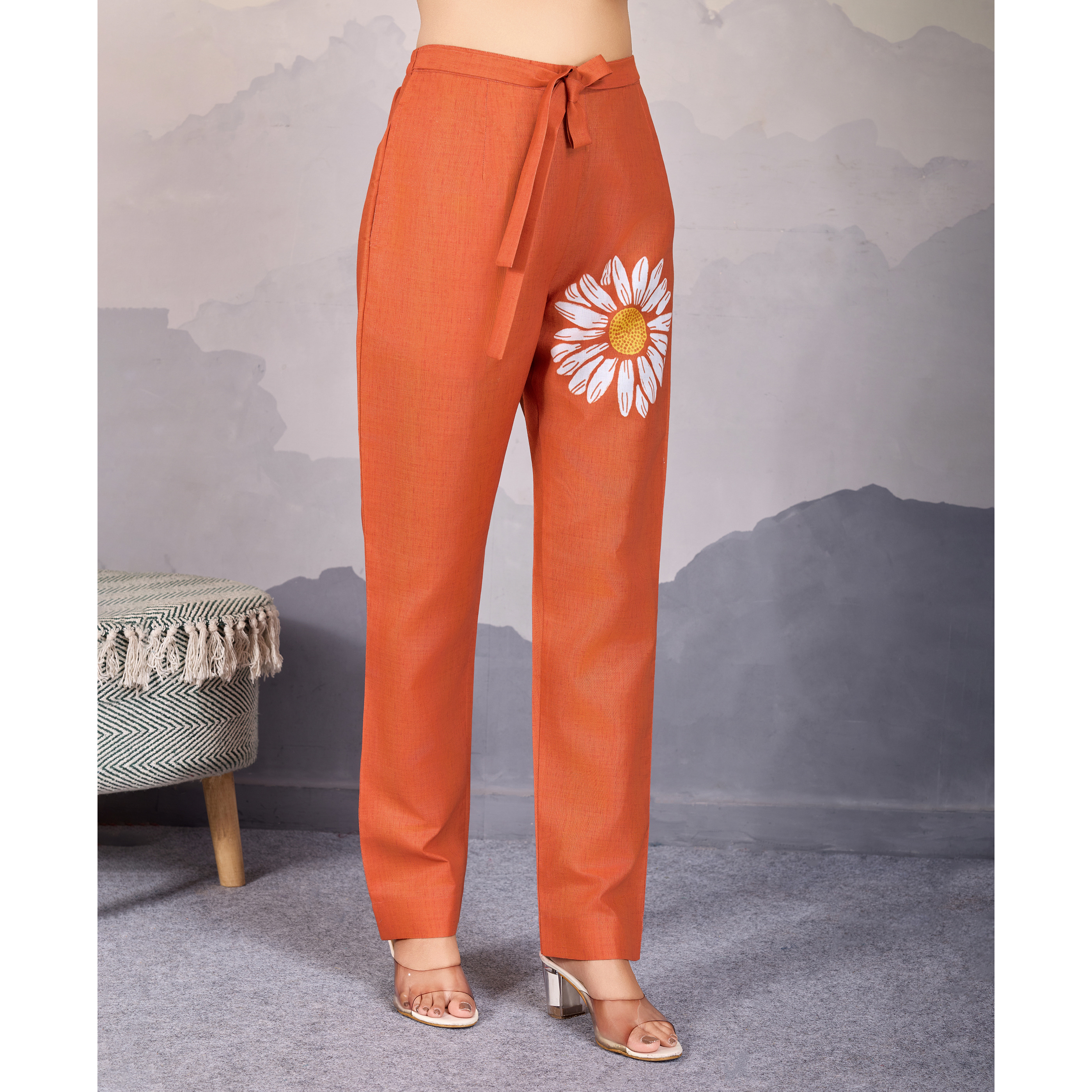 MOJILAA Women's Orange Linen Silk Sunflower Printed Causal Co-ord Set