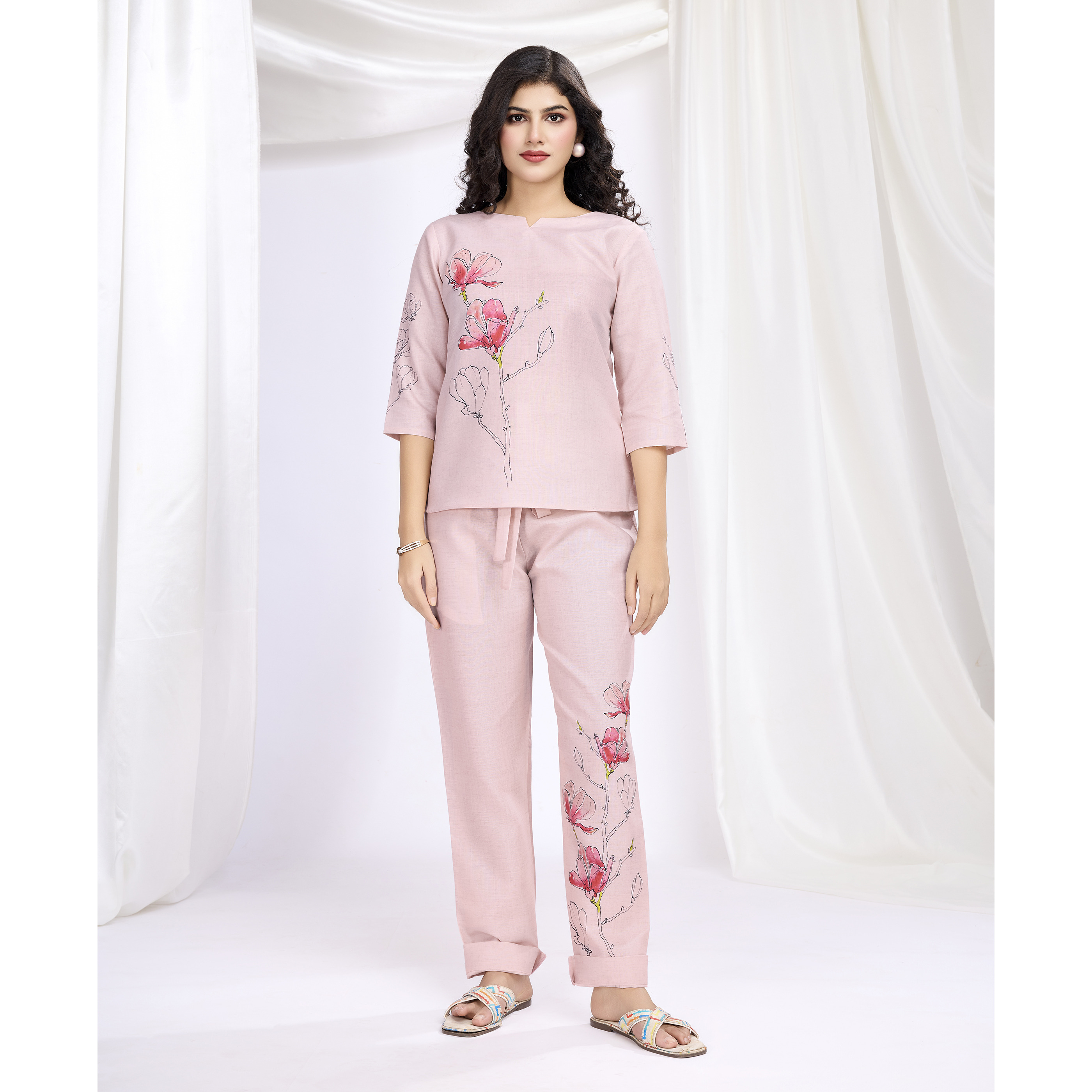 MOJILAA Women's Pink Linen Silk Floral & Leaf Printed Causal Co-ord Set