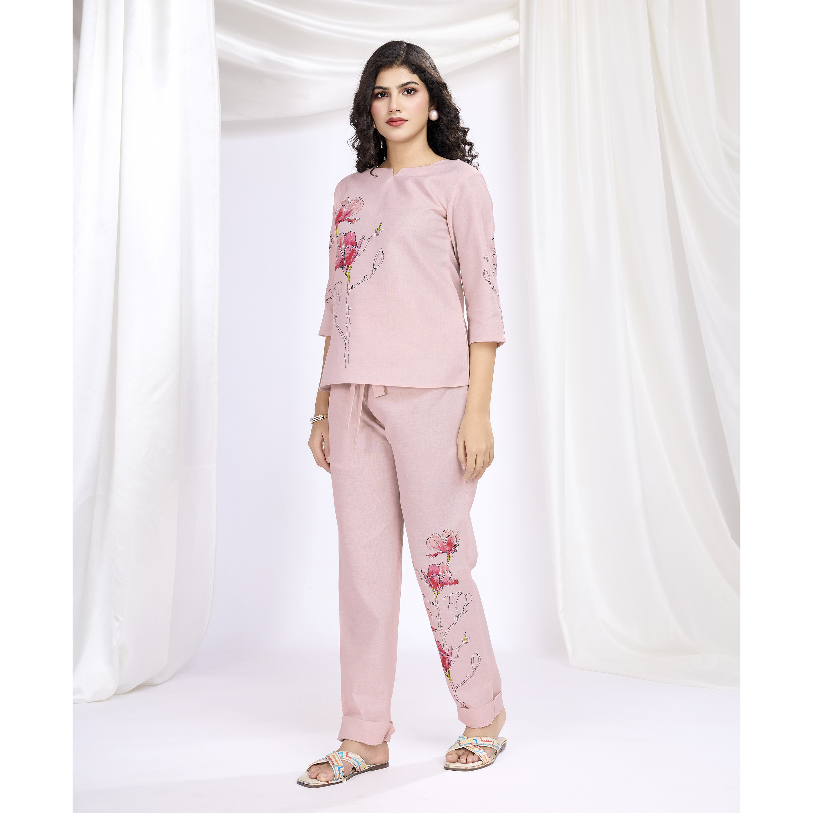 MOJILAA Women's Pink Linen Silk Floral & Leaf Printed Causal Co-ord Set