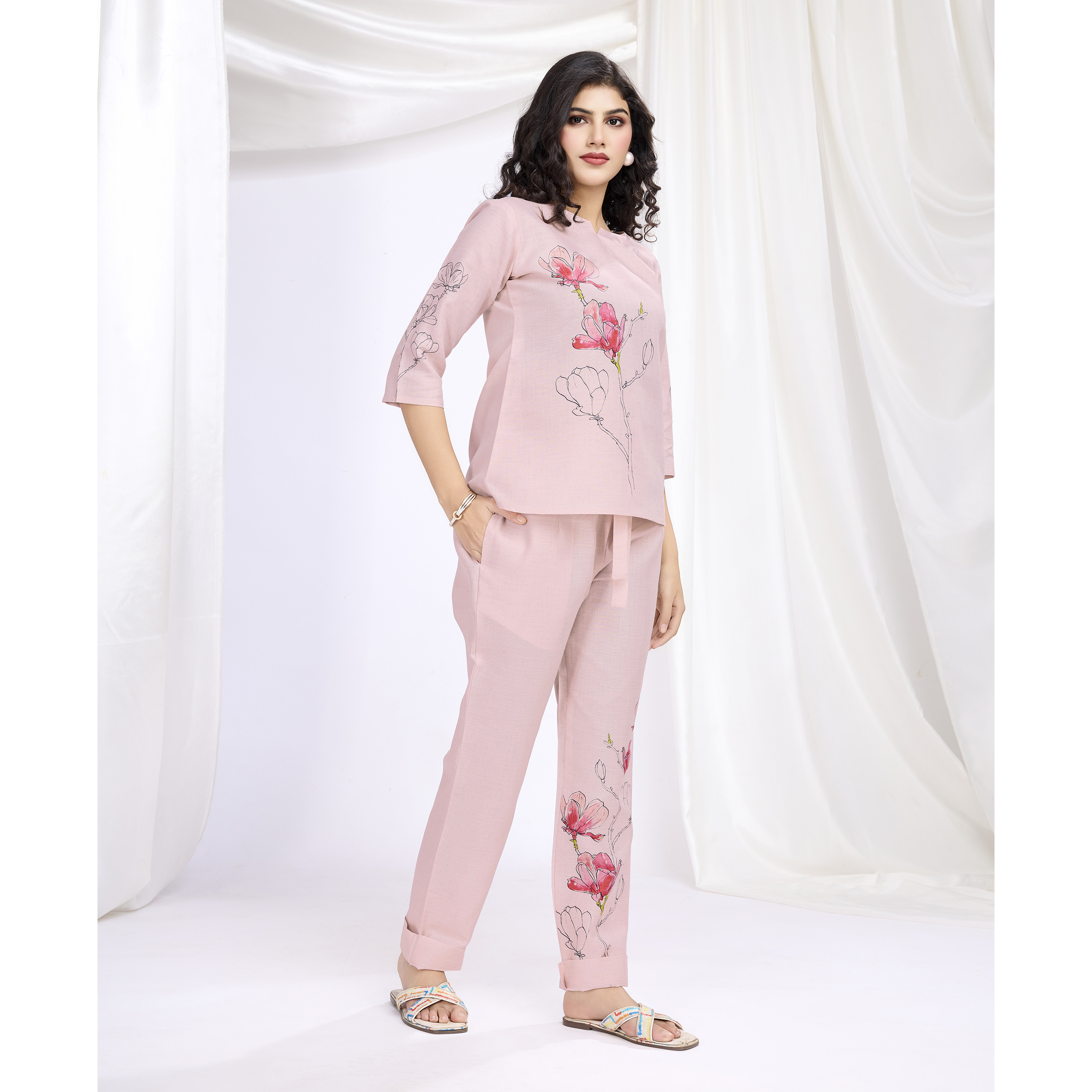 MOJILAA Women's Pink Linen Silk Floral & Leaf Printed Causal Co-ord Set