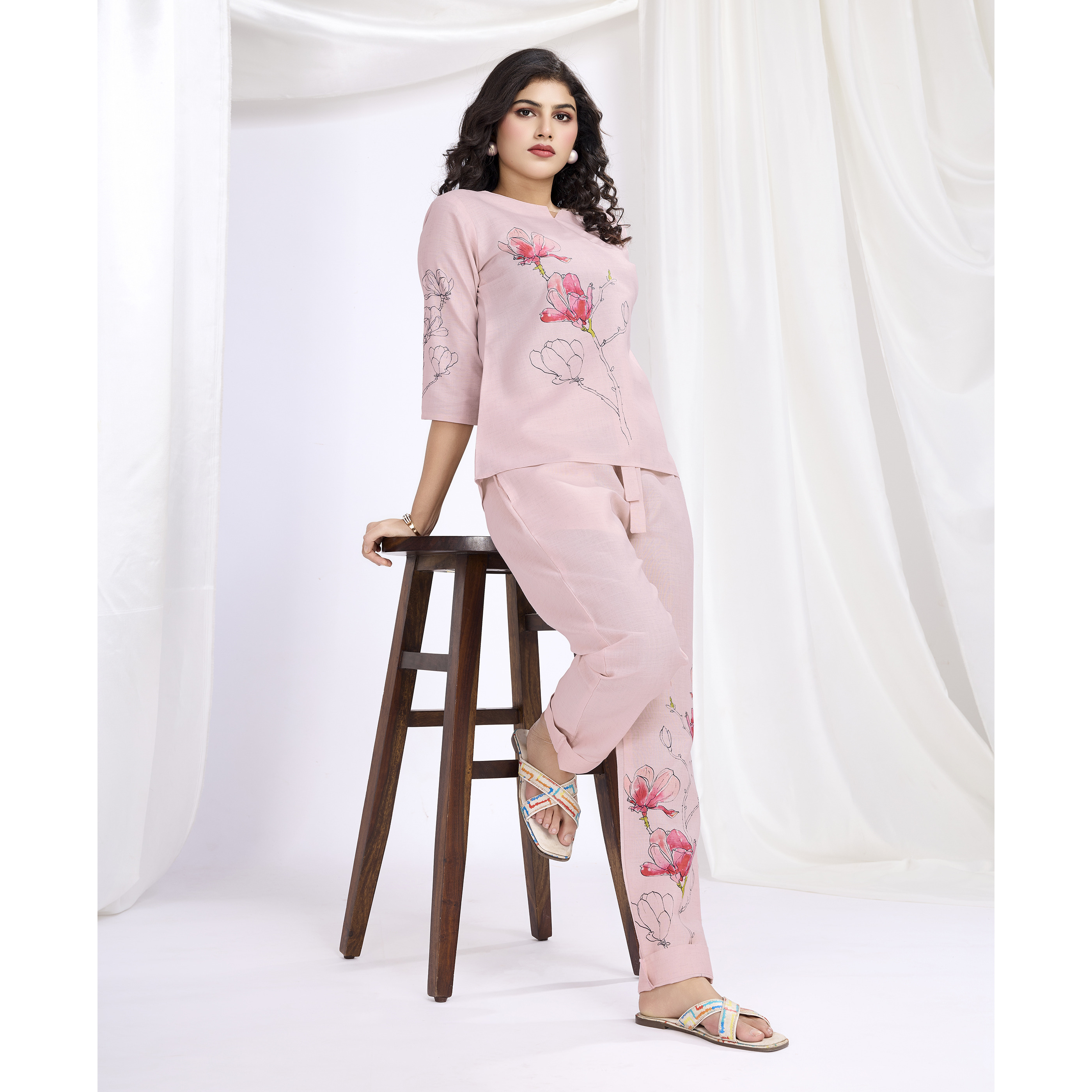 MOJILAA Women's Pink Linen Silk Floral & Leaf Printed Causal Co-ord Set