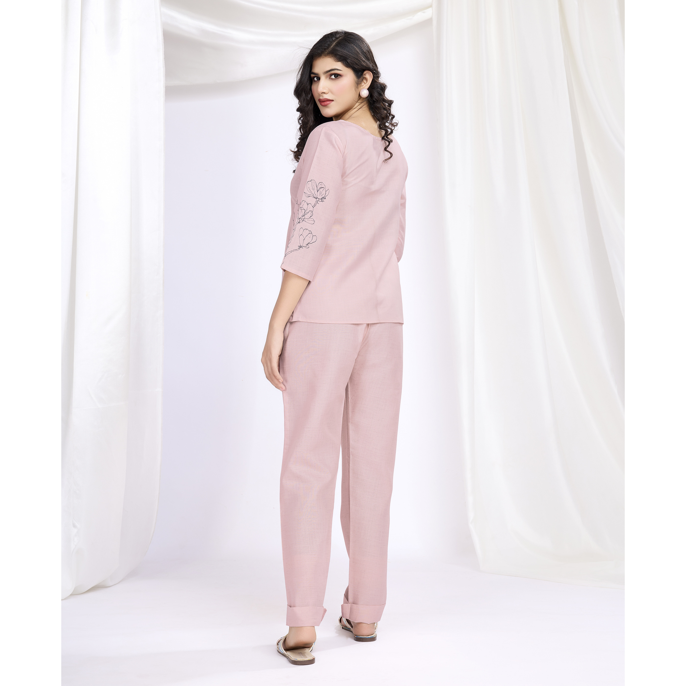 MOJILAA Women's Pink Linen Silk Floral & Leaf Printed Causal Co-ord Set