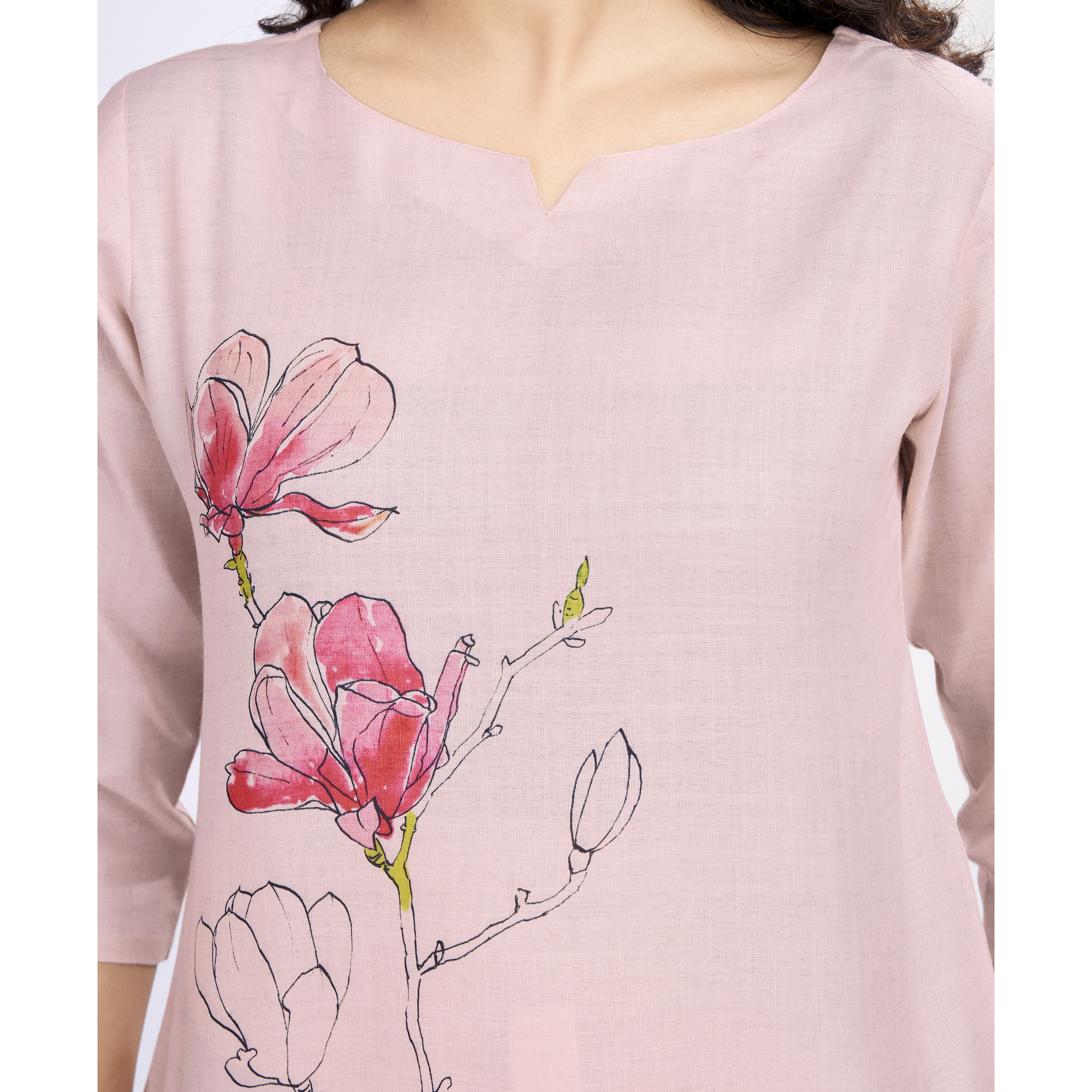 MOJILAA Women's Pink Linen Silk Floral & Leaf Printed Causal Co-ord Set