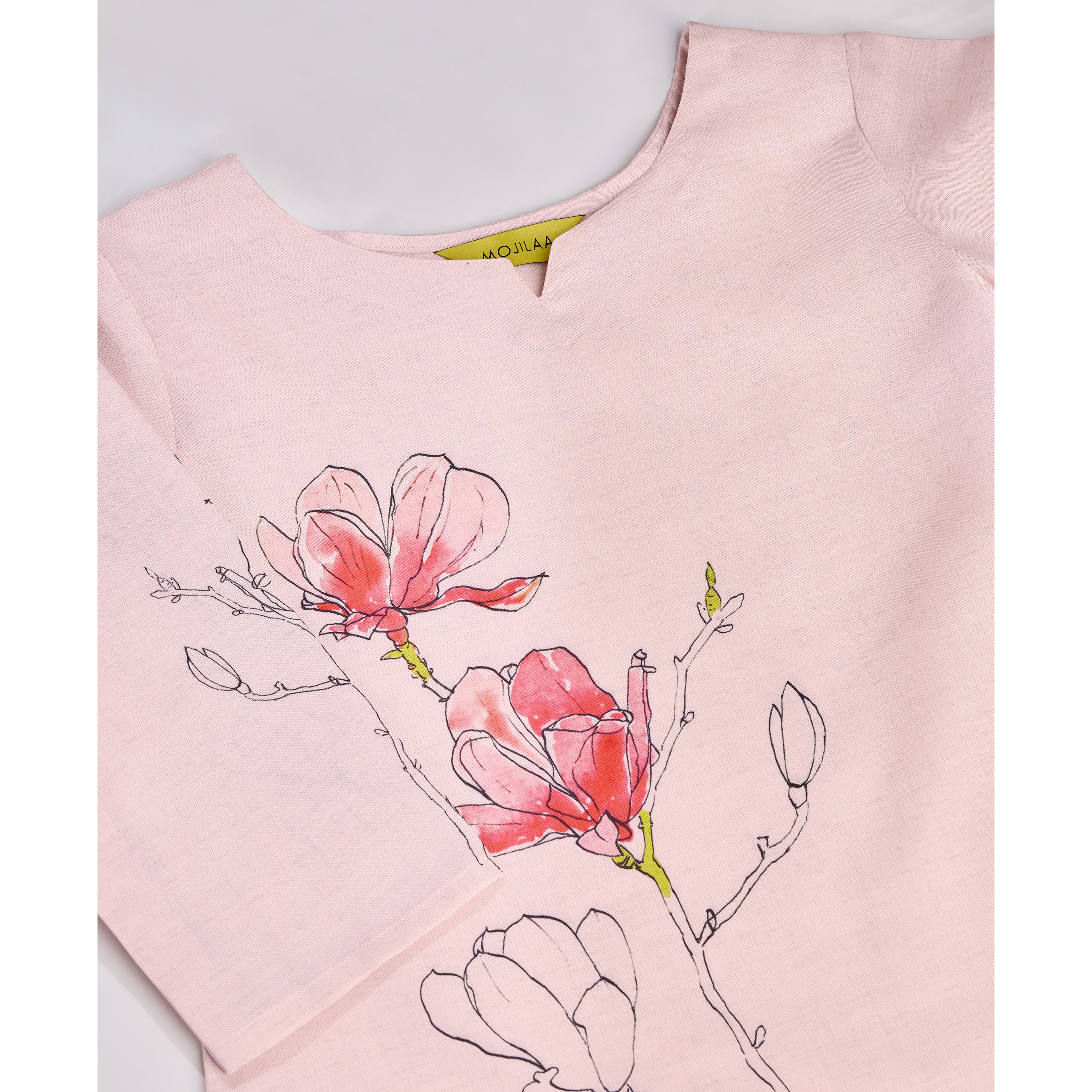 MOJILAA Women's Pink Linen Silk Floral & Leaf Printed Causal Co-ord Set