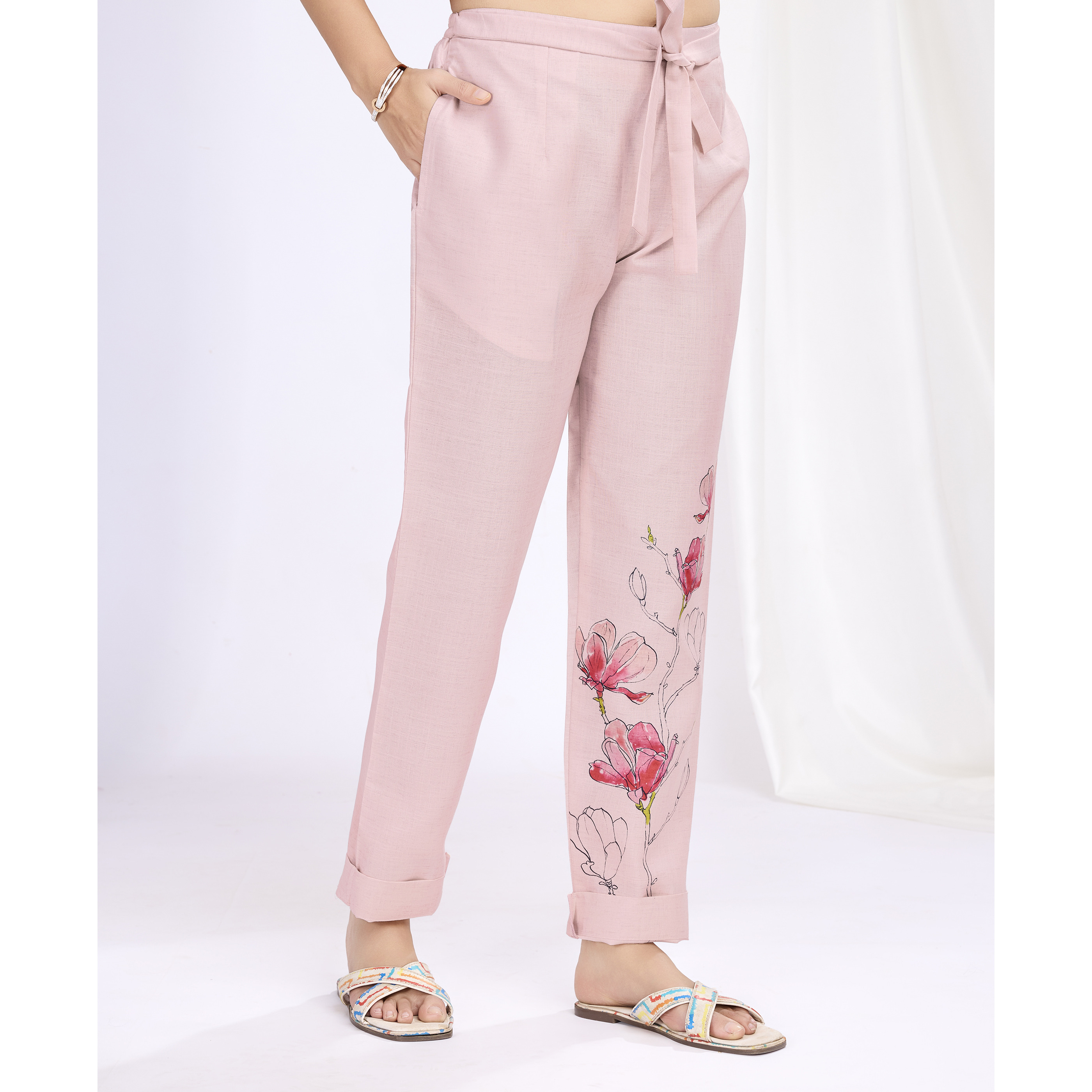 MOJILAA Women's Pink Linen Silk Floral & Leaf Printed Causal Co-ord Set