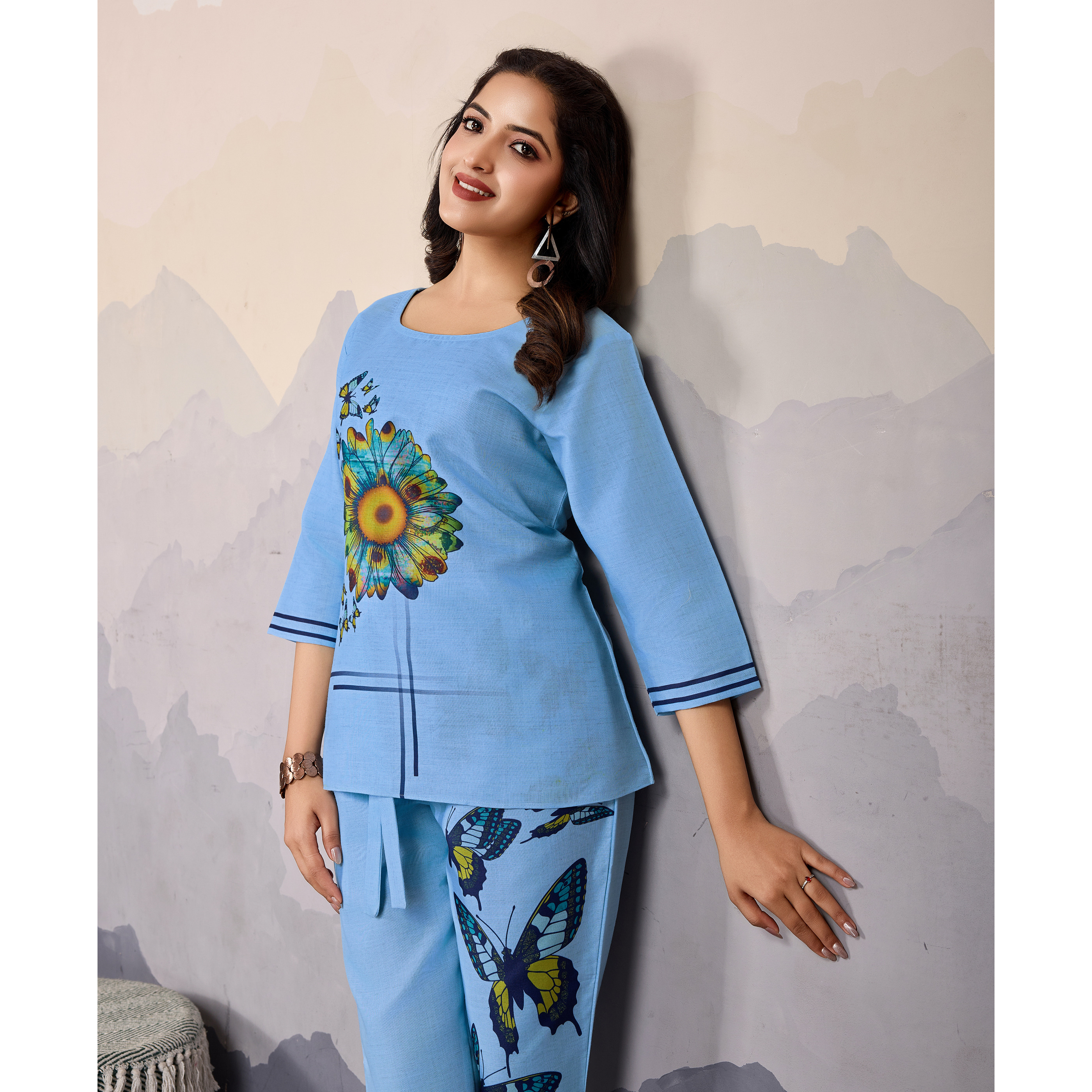 MOJILAA Women's Sky Blue Linen Silk Butterfly Printed Causal Co-ord Set