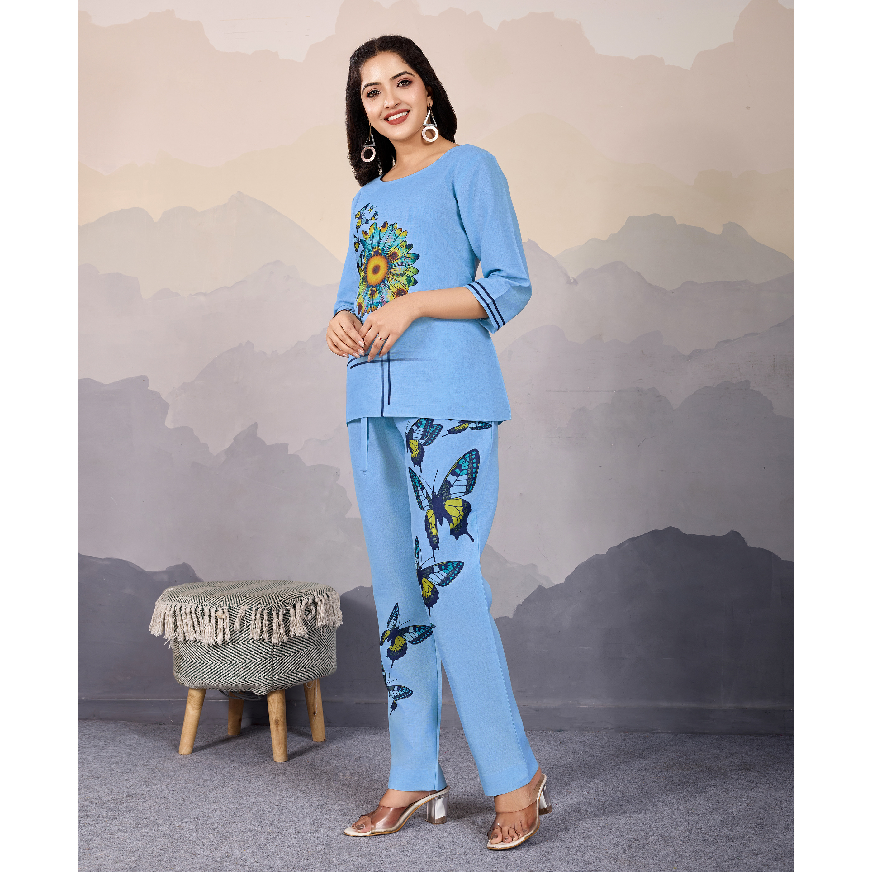 MOJILAA Women's Sky Blue Linen Silk Butterfly Printed Causal Co-ord Set