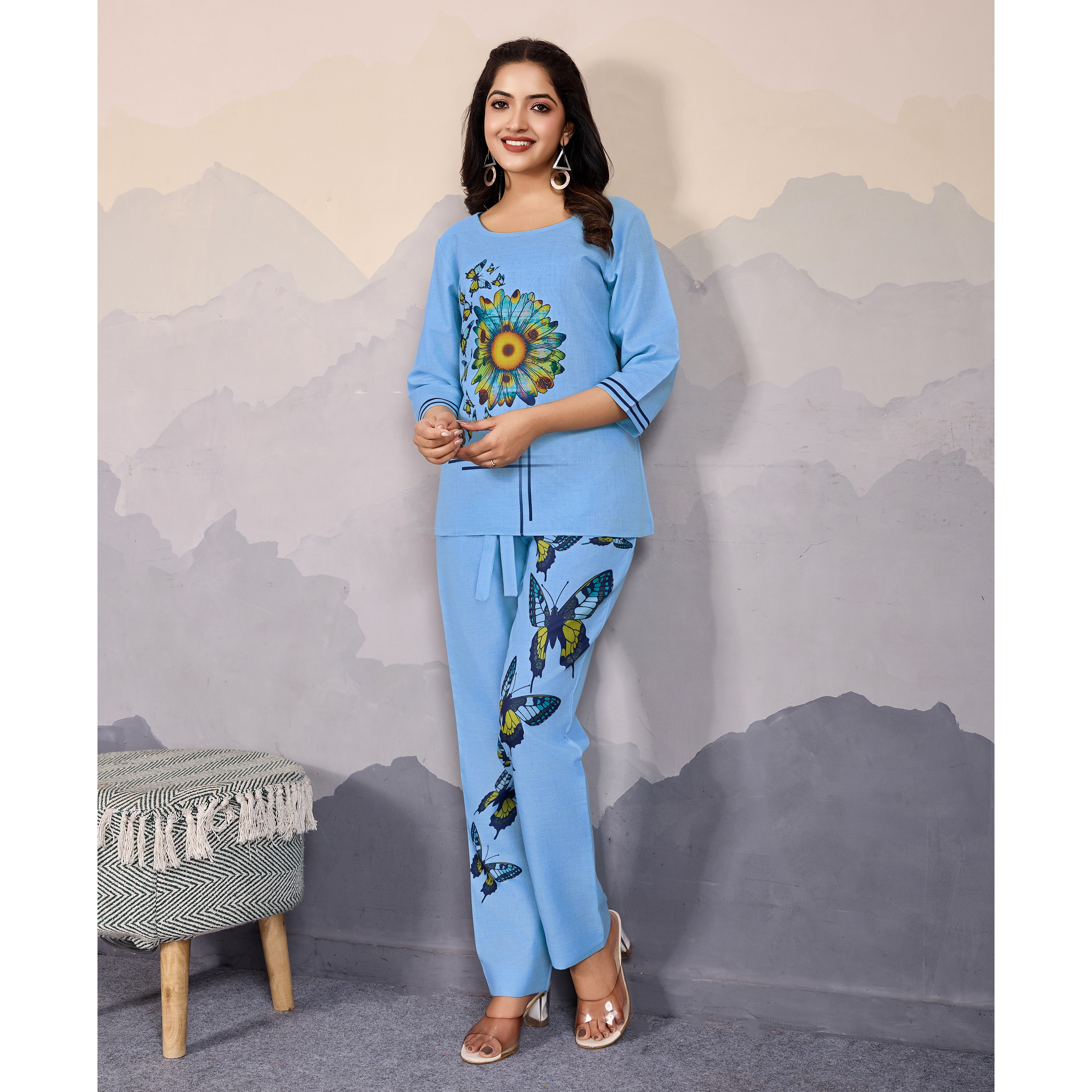 MOJILAA Women's Sky Blue Linen Silk Butterfly Printed Causal Co-ord Set