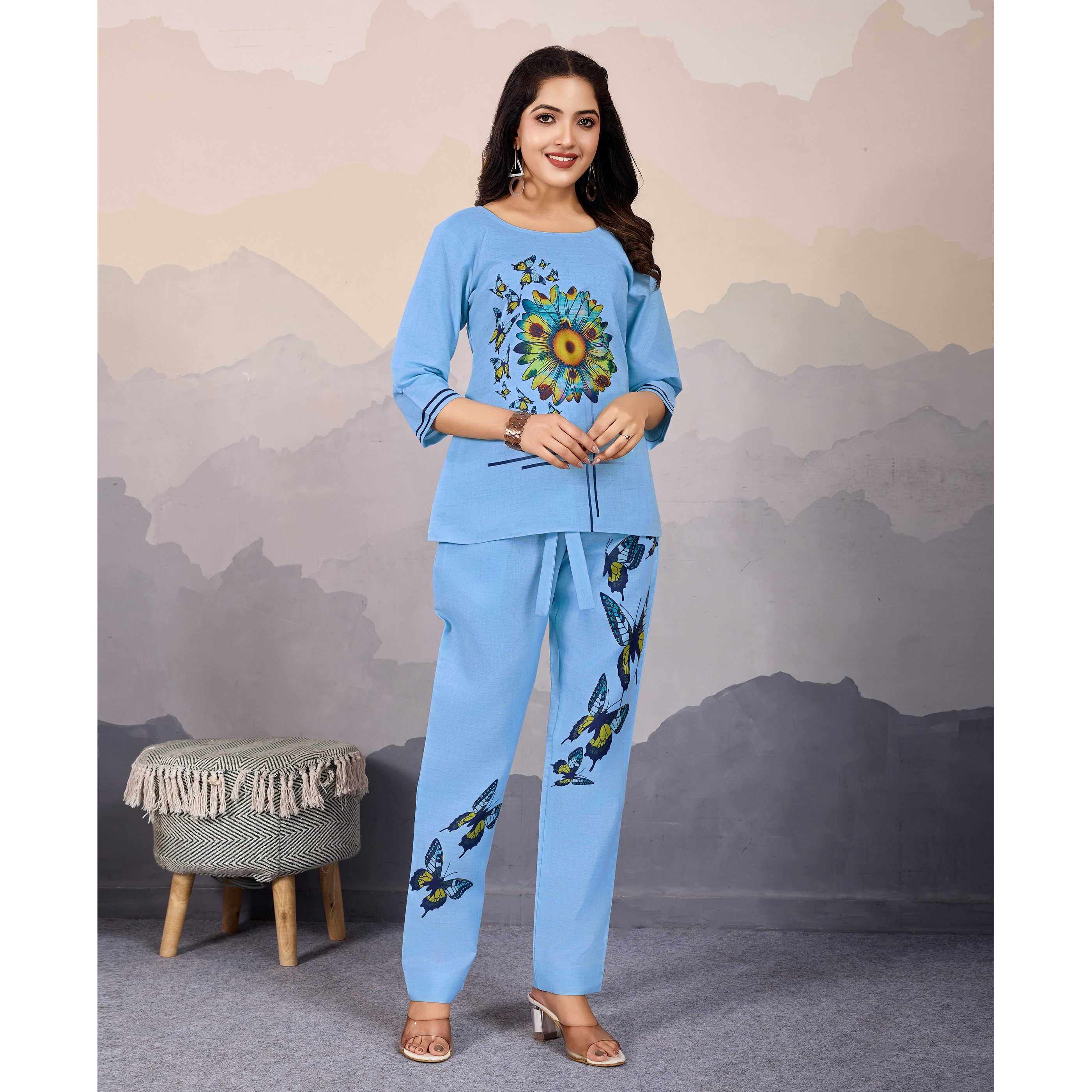 MOJILAA Women's Sky Blue Linen Silk Butterfly Printed Causal Co-ord Set