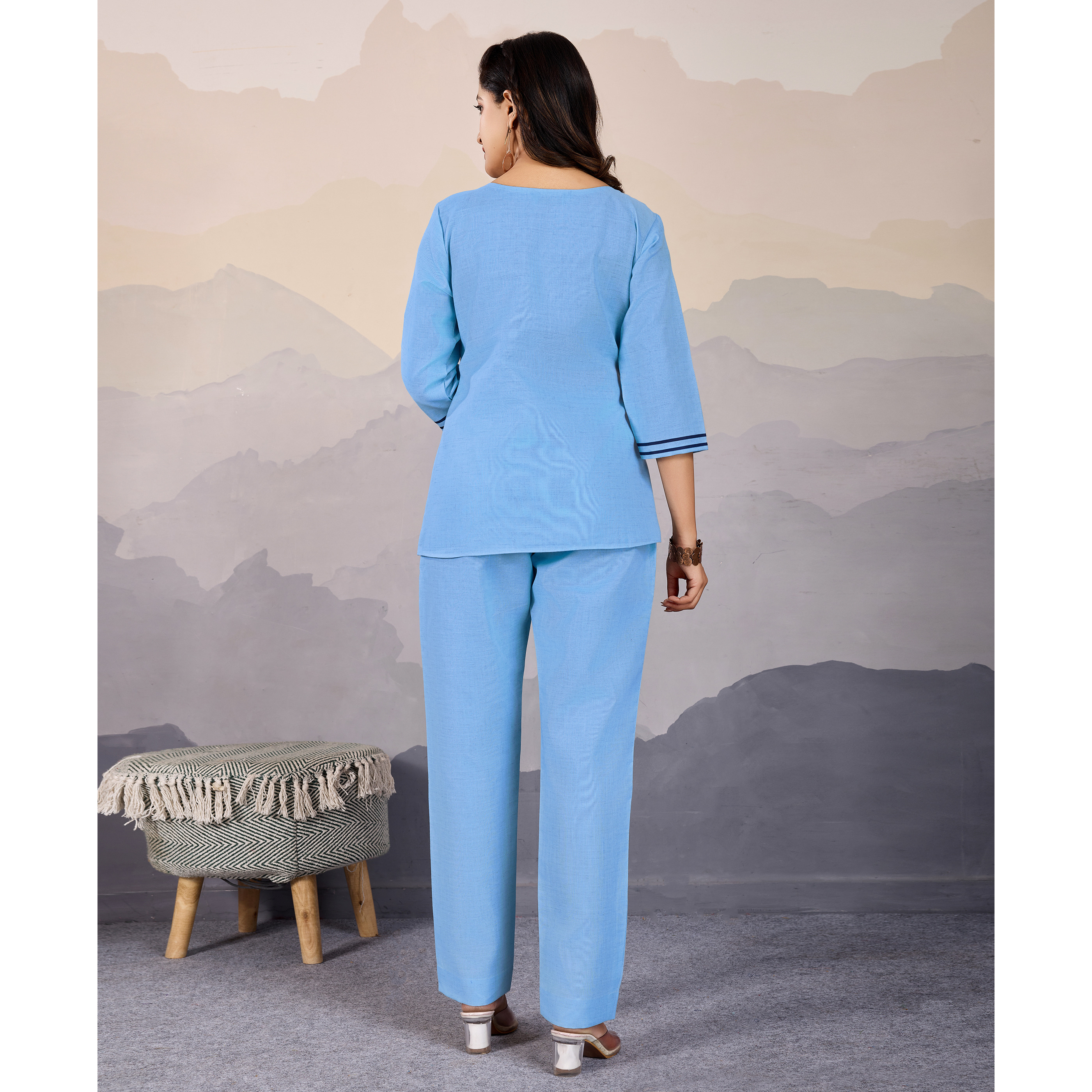 MOJILAA Women's Sky Blue Linen Silk Butterfly Printed Causal Co-ord Set