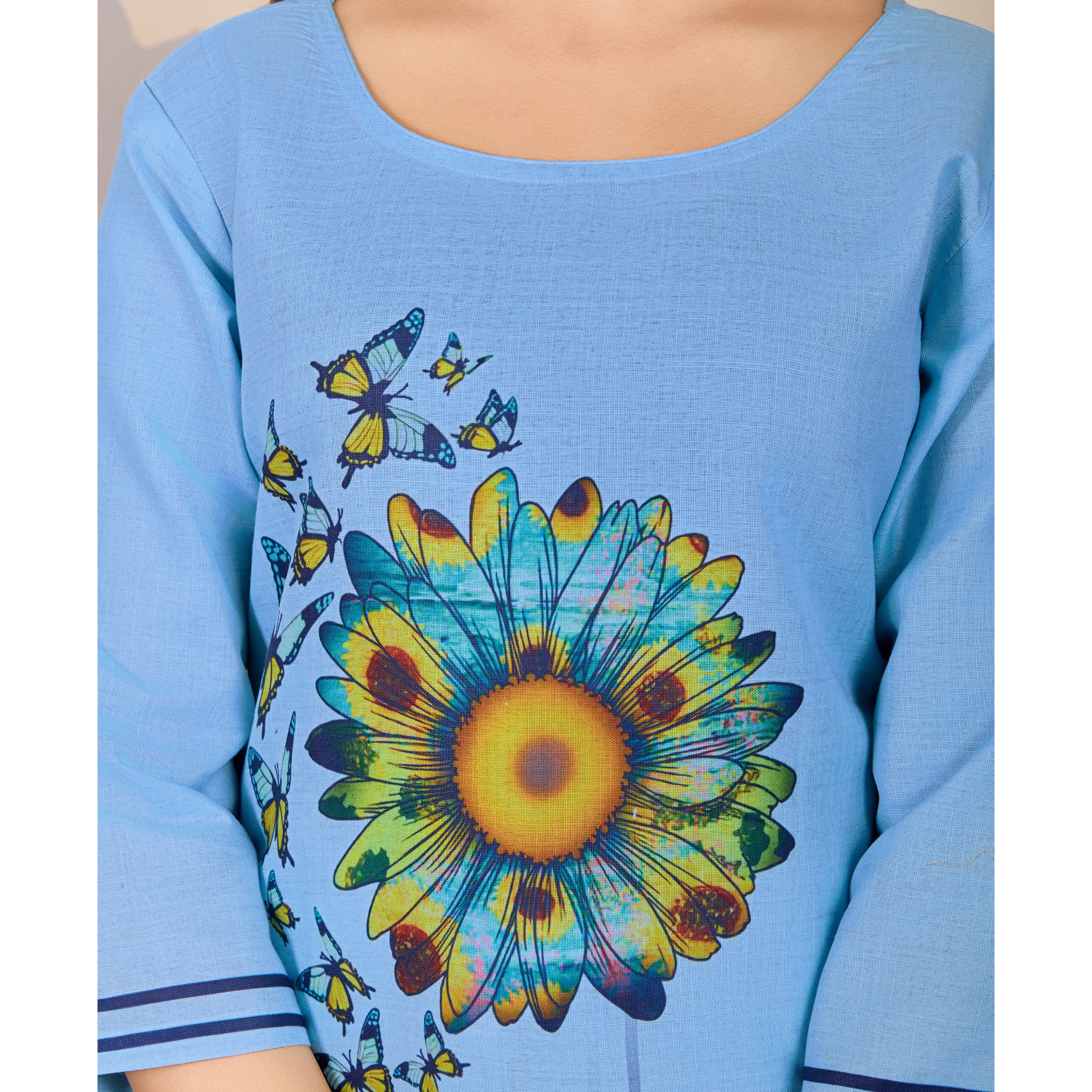 MOJILAA Women's Sky Blue Linen Silk Butterfly Printed Causal Co-ord Set