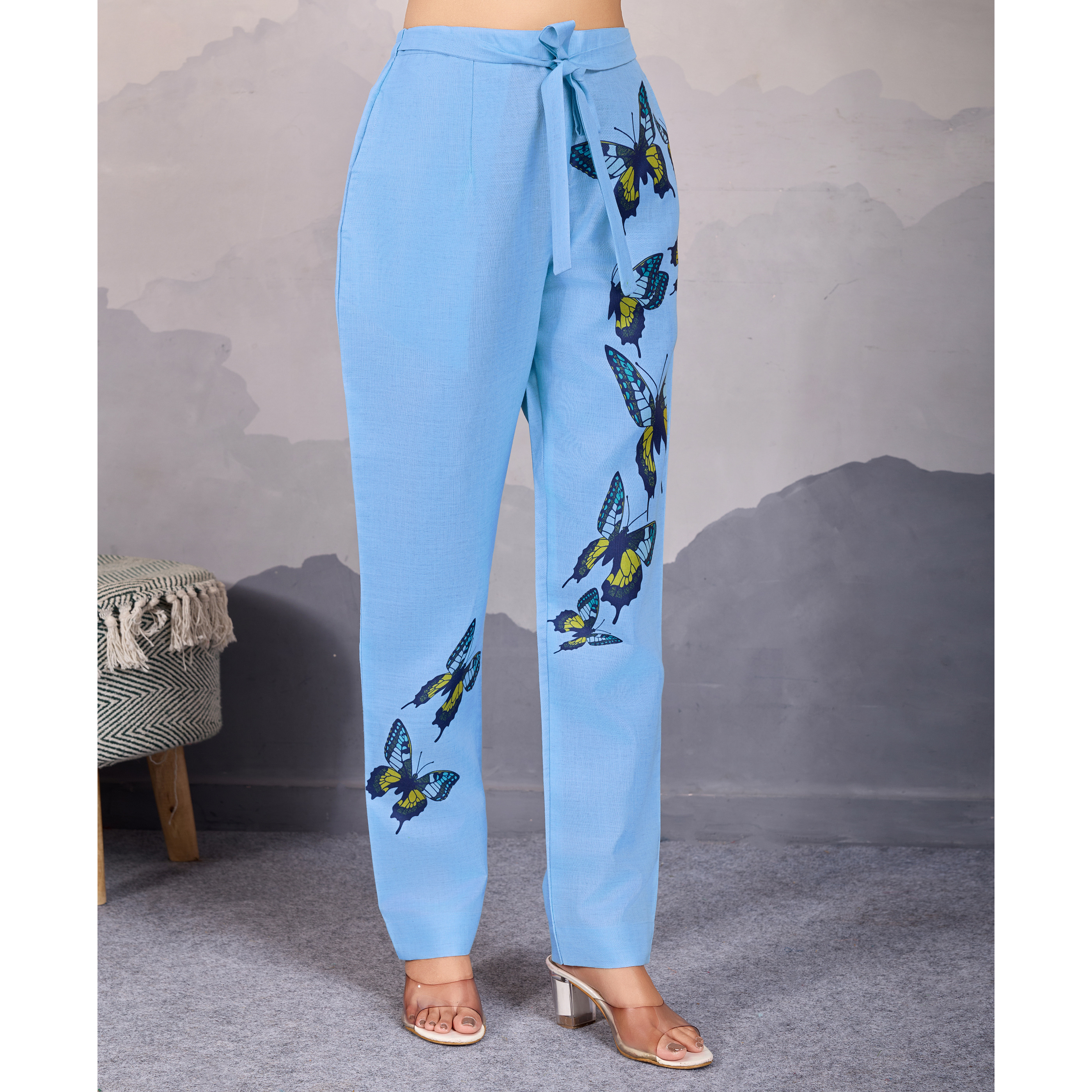 MOJILAA Women's Sky Blue Linen Silk Butterfly Printed Causal Co-ord Set