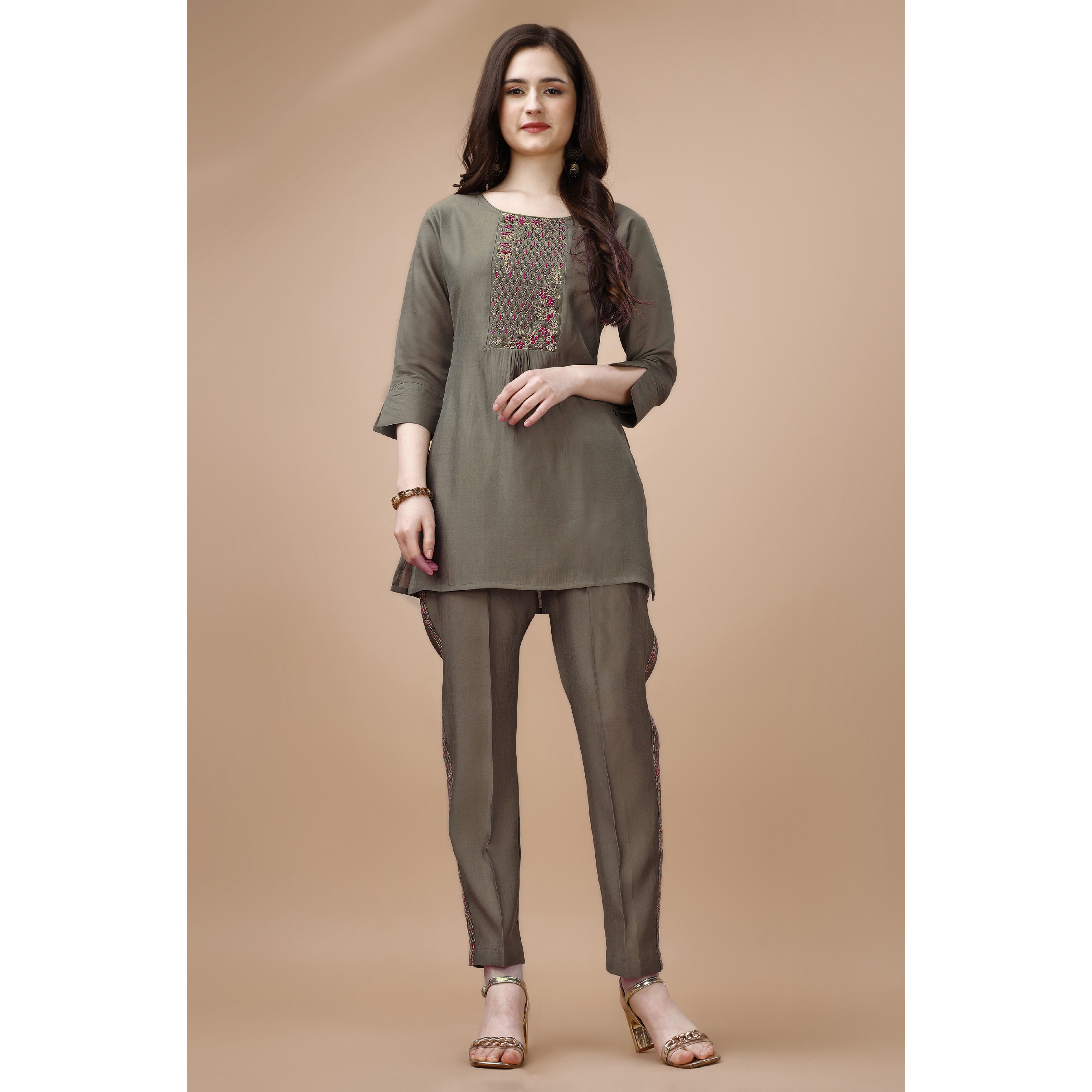 MOJILAA Women's Taupe Viscose Blend Floral Embroidered Festive & Party Co-ord Set