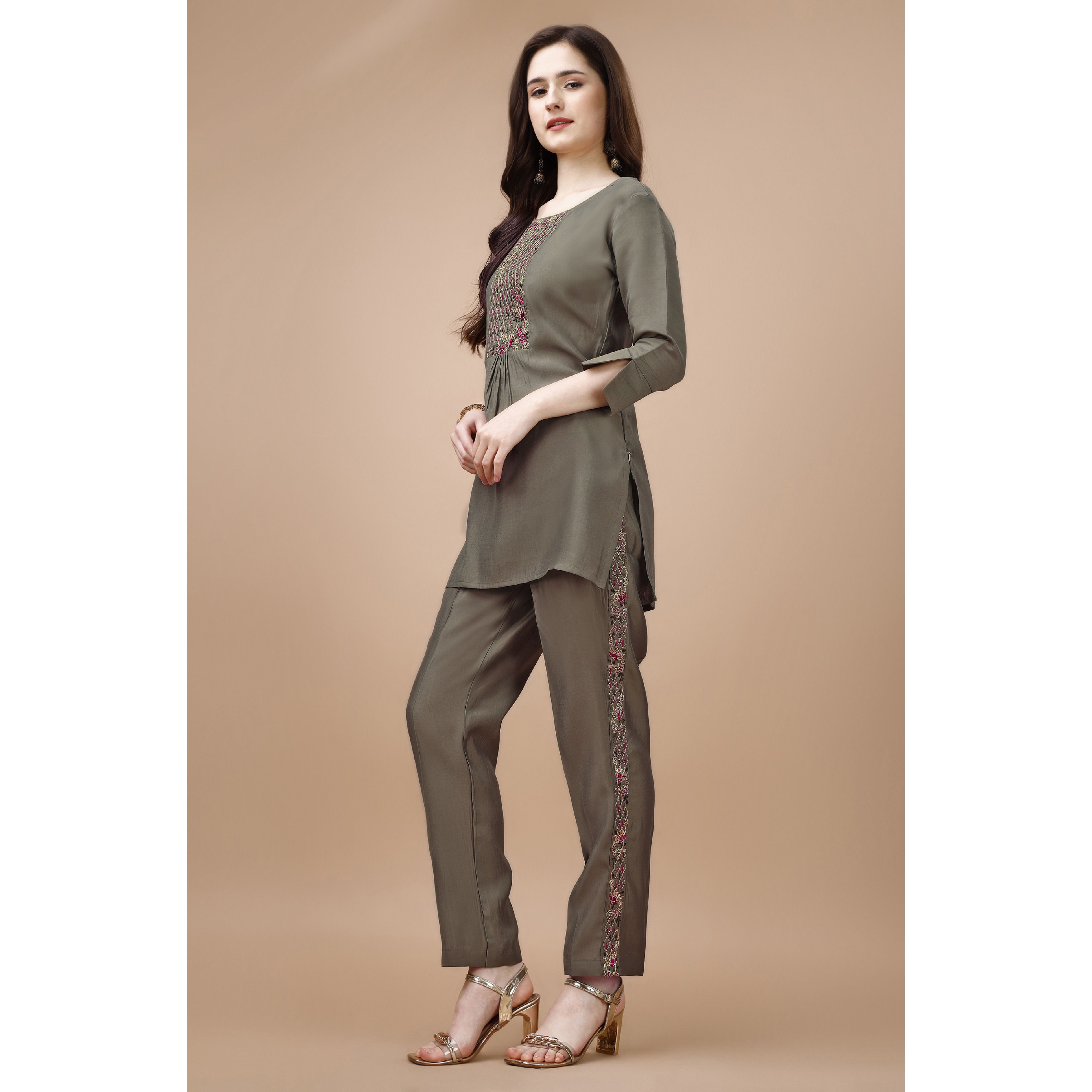 MOJILAA Women's Taupe Viscose Blend Floral Embroidered Festive & Party Co-ord Set