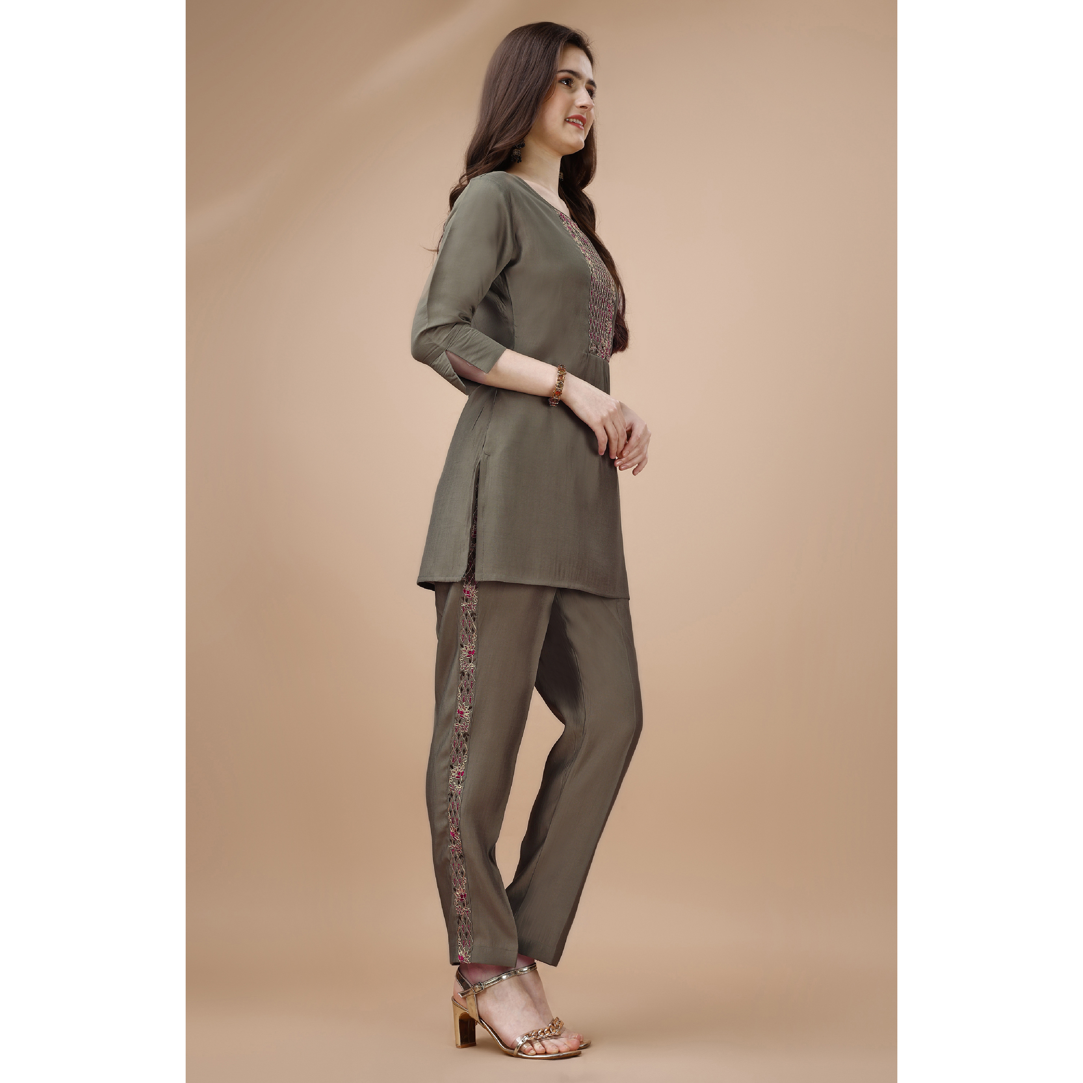 MOJILAA Women's Taupe Viscose Blend Floral Embroidered Festive & Party Co-ord Set