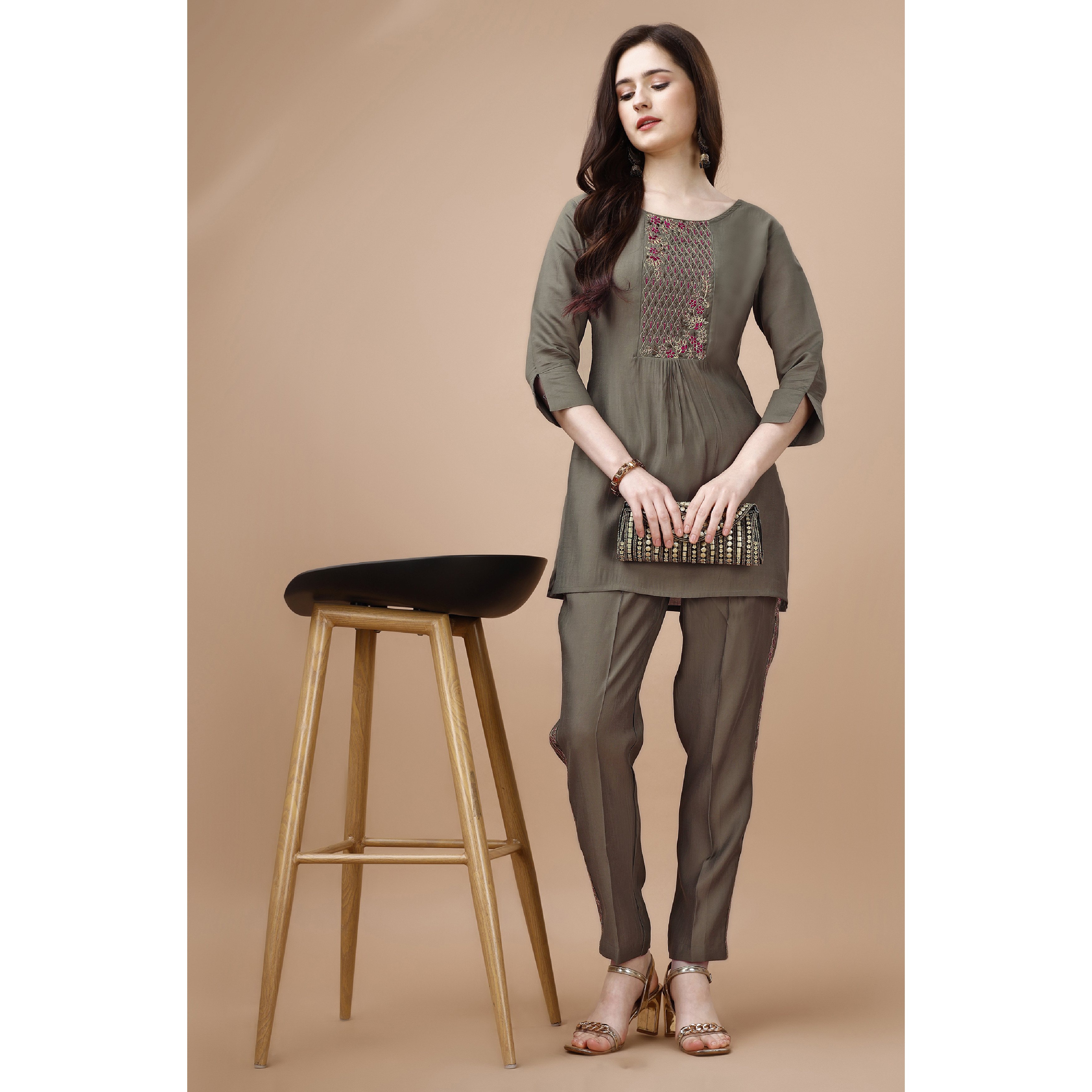 MOJILAA Women's Taupe Viscose Blend Floral Embroidered Festive & Party Co-ord Set