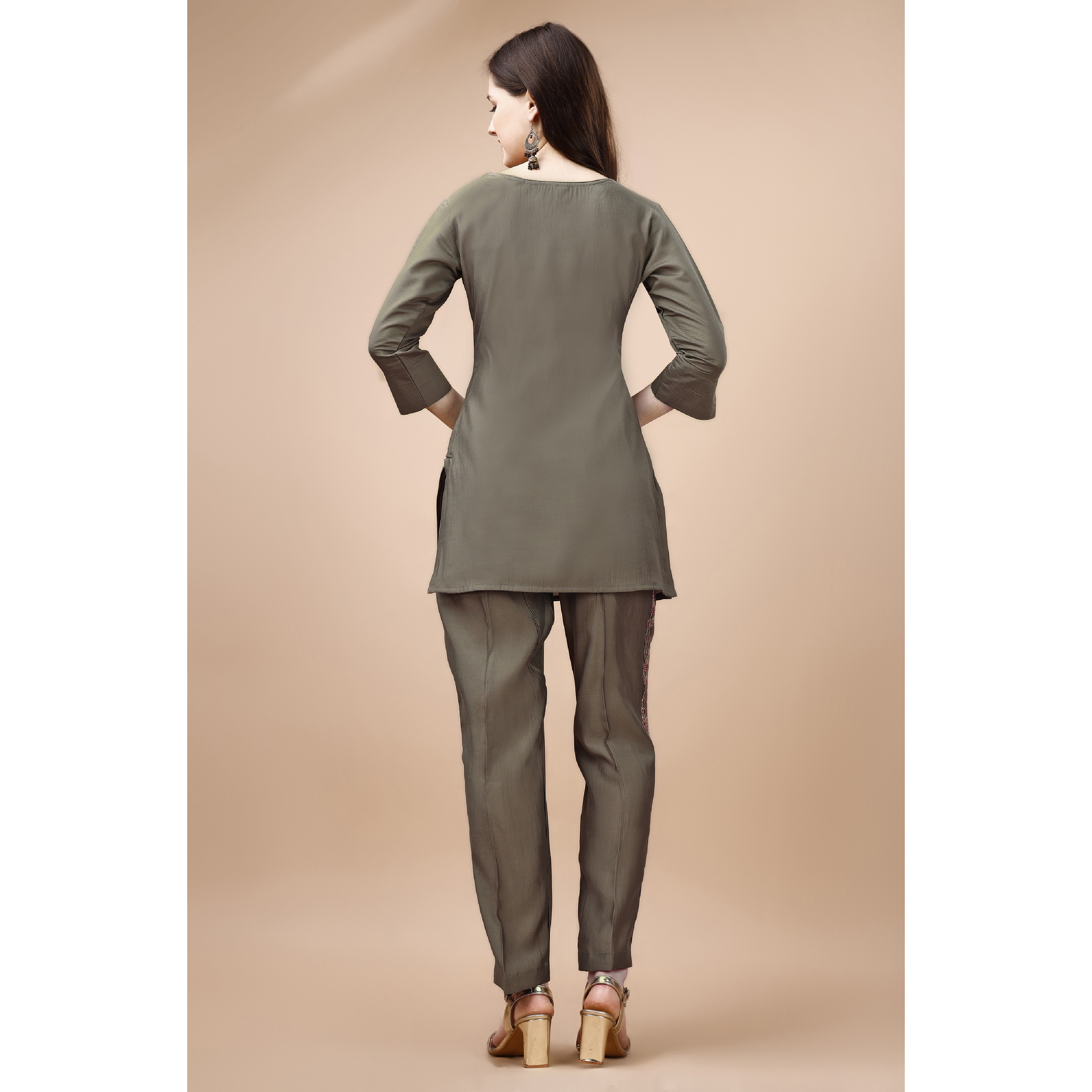 MOJILAA Women's Taupe Viscose Blend Floral Embroidered Festive & Party Co-ord Set