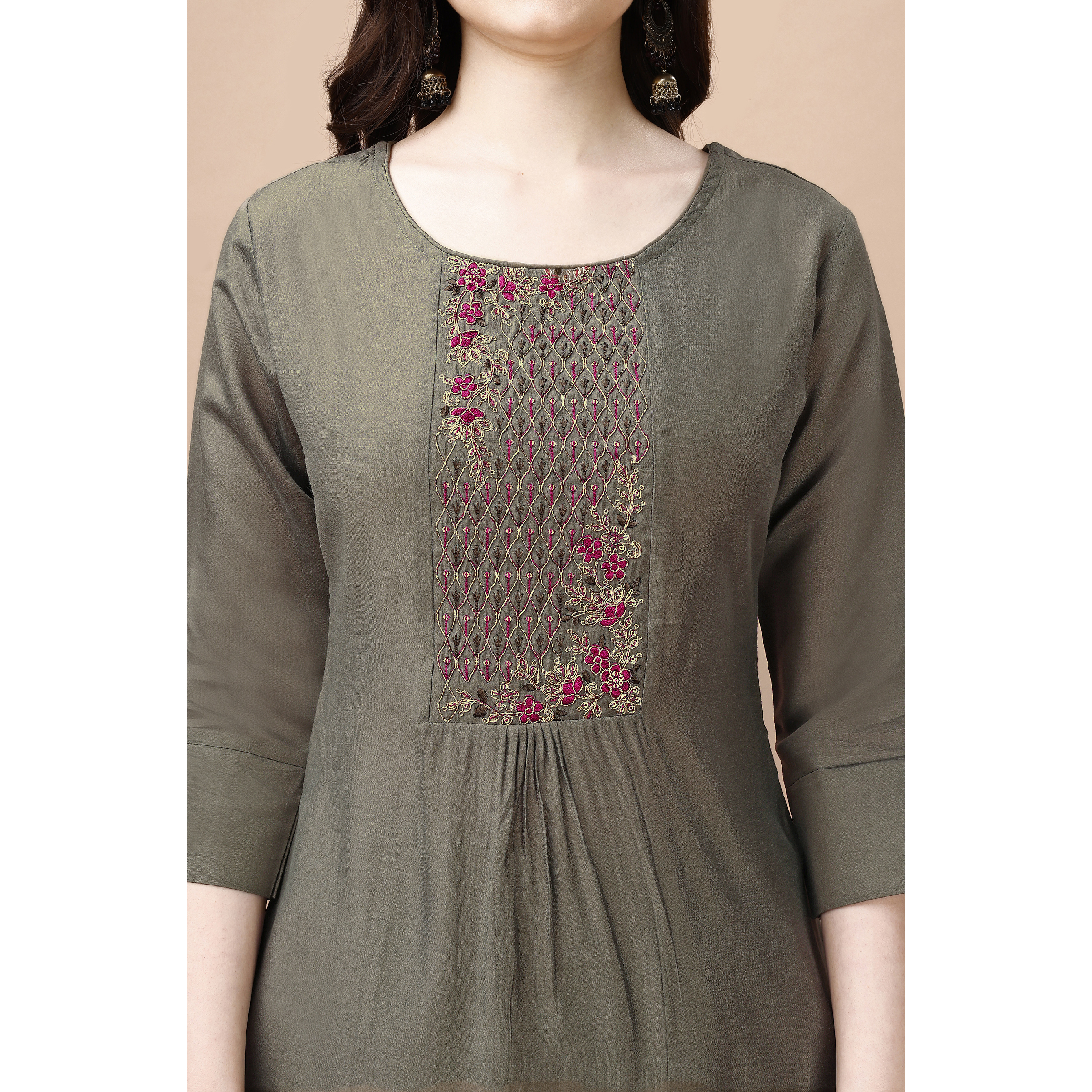 MOJILAA Women's Taupe Viscose Blend Floral Embroidered Festive & Party Co-ord Set