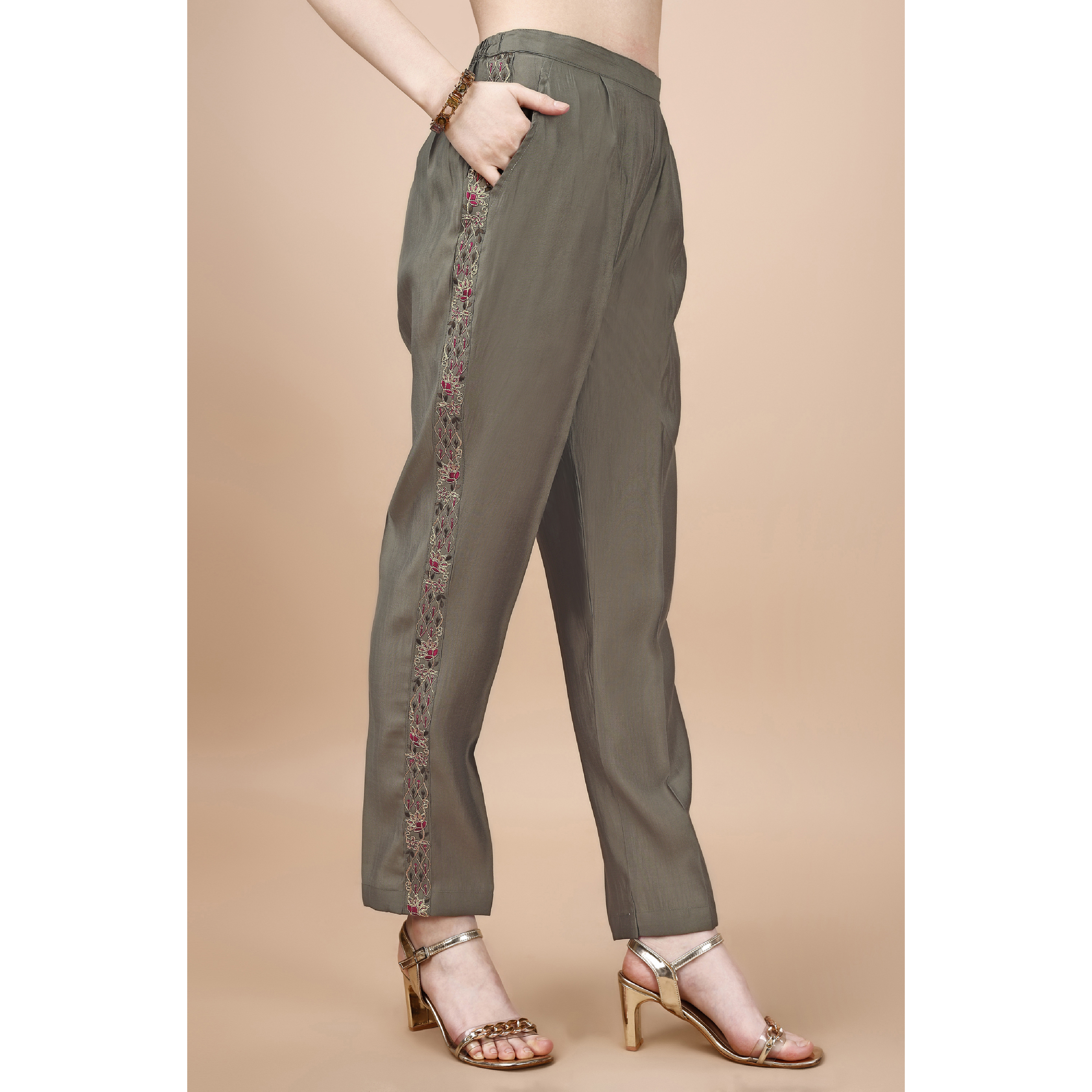 MOJILAA Women's Taupe Viscose Blend Floral Embroidered Festive & Party Co-ord Set
