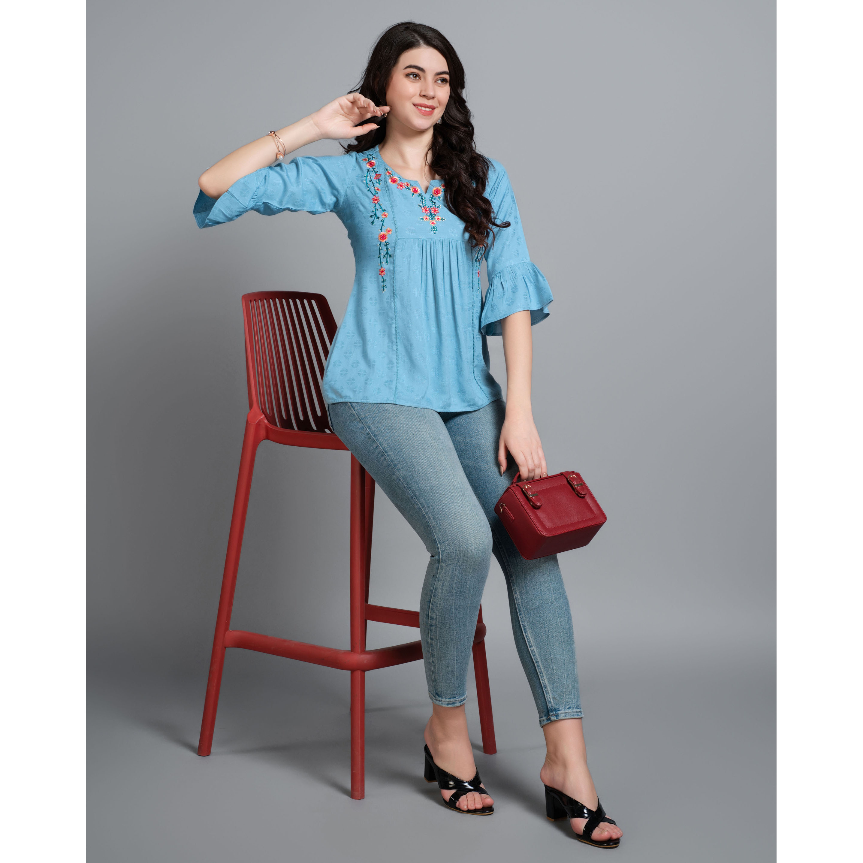 MOJILAA Women's Turquoise Pure Viscose Rayon Floral Embroidered A-line Top