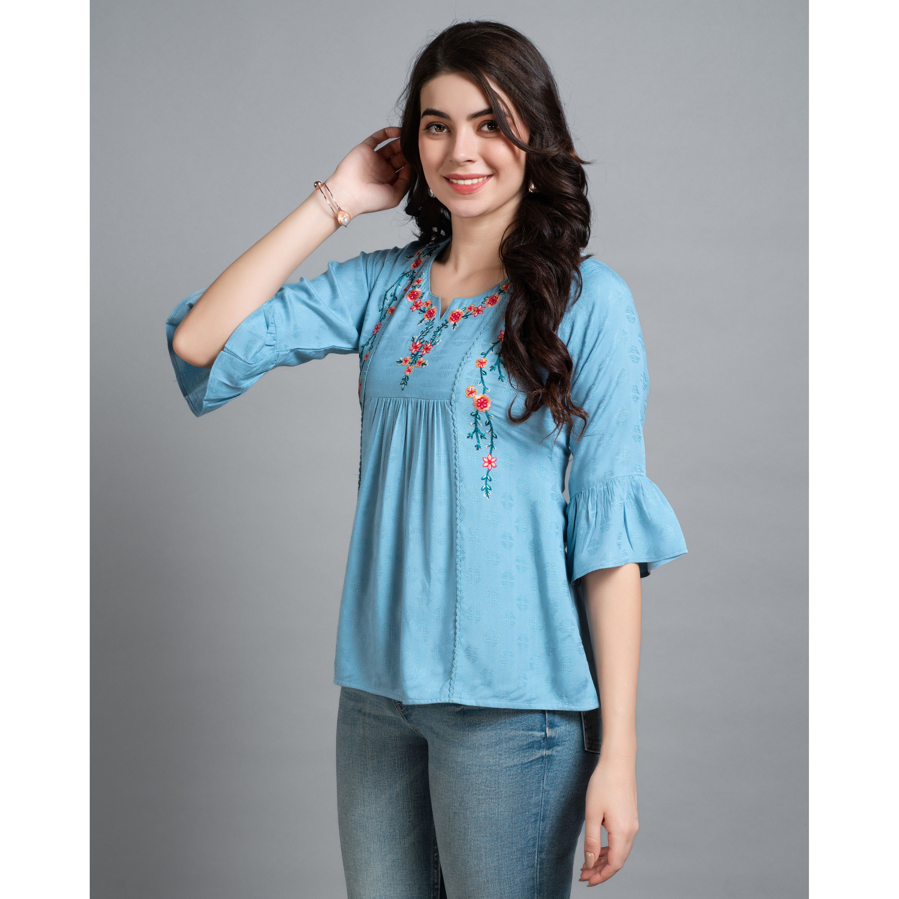 MOJILAA Women's Turquoise Pure Viscose Rayon Floral Embroidered A-line Top