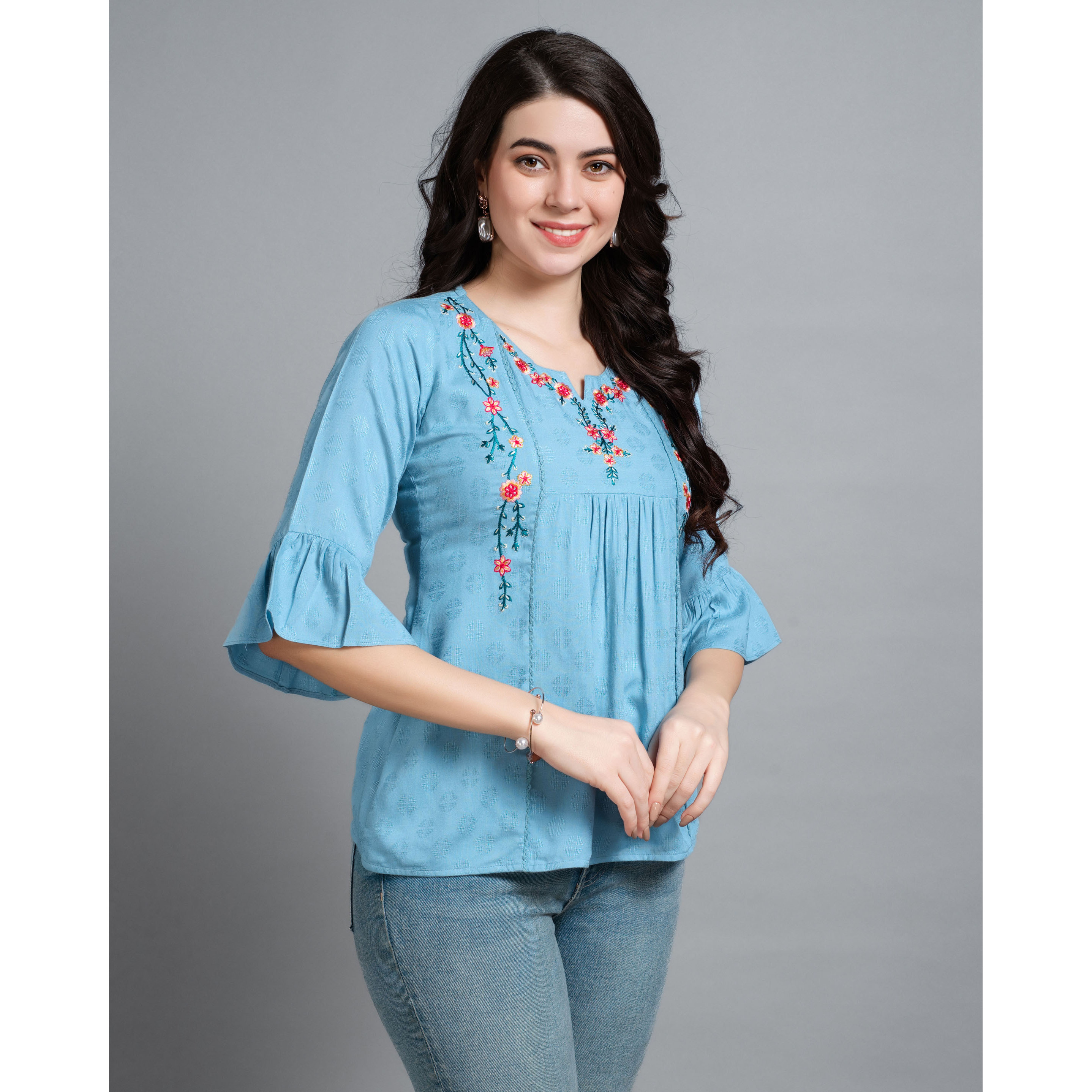MOJILAA Women's Turquoise Pure Viscose Rayon Floral Embroidered A-line Top
