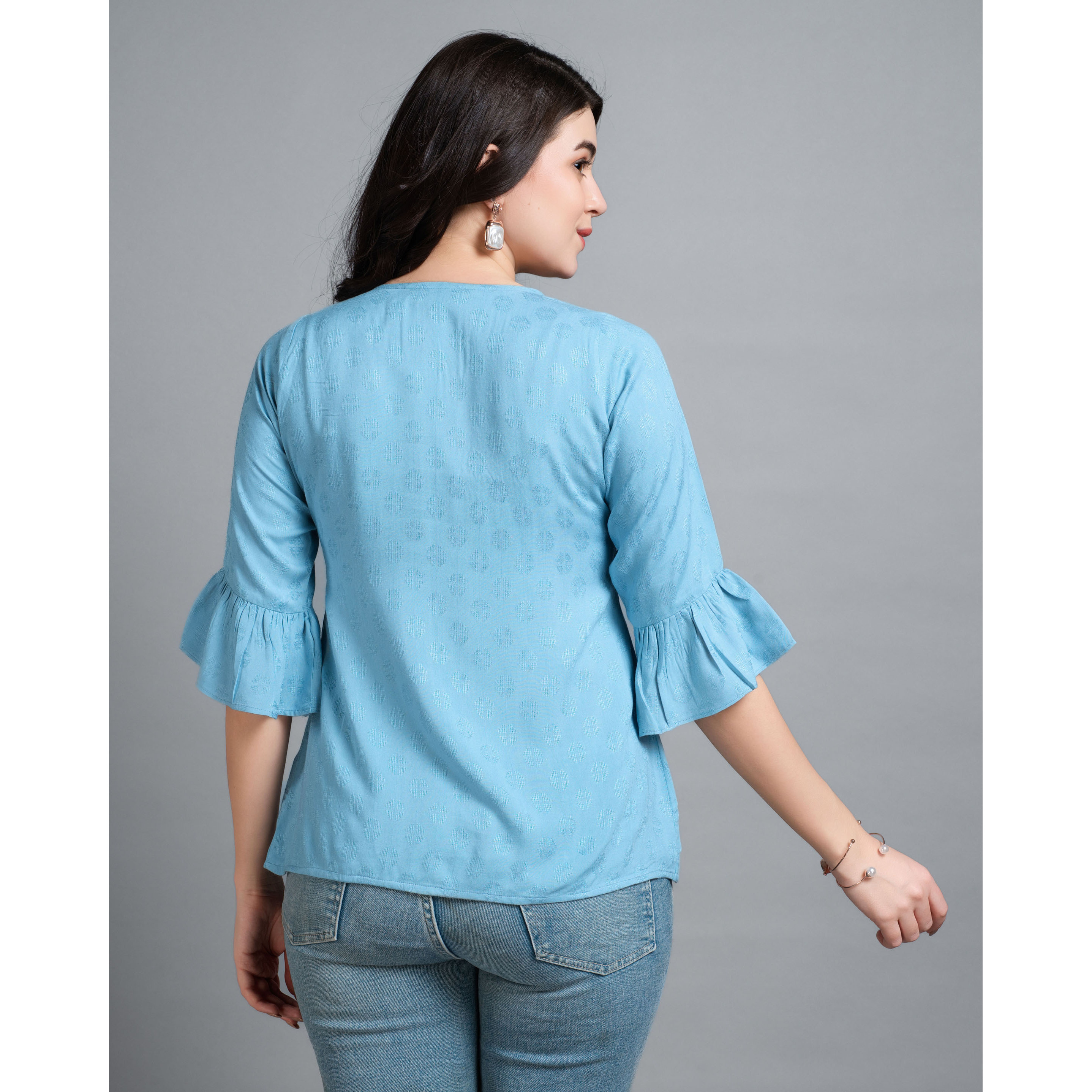 MOJILAA Women's Turquoise Pure Viscose Rayon Floral Embroidered A-line Top