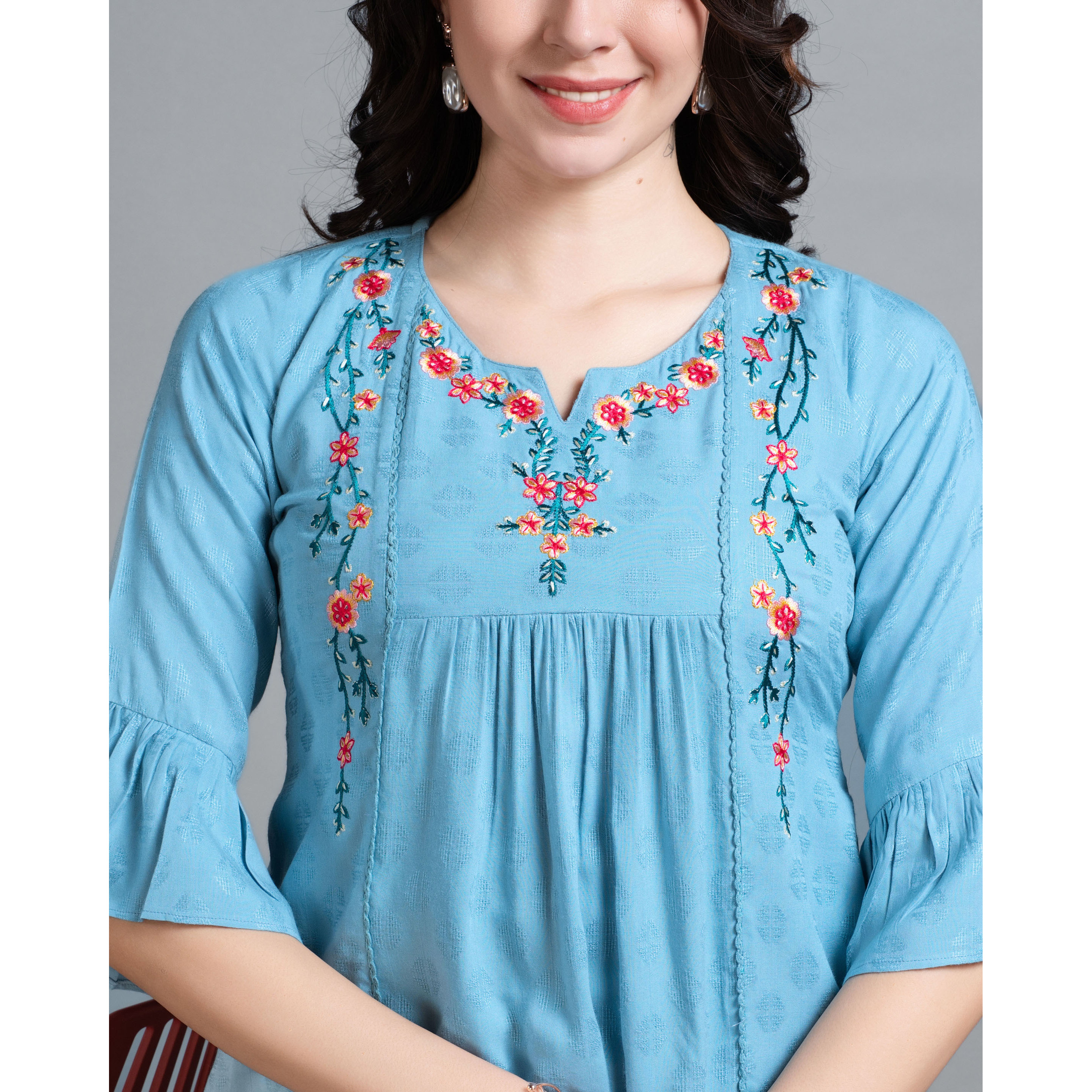 MOJILAA Women's Turquoise Pure Viscose Rayon Floral Embroidered A-line Top