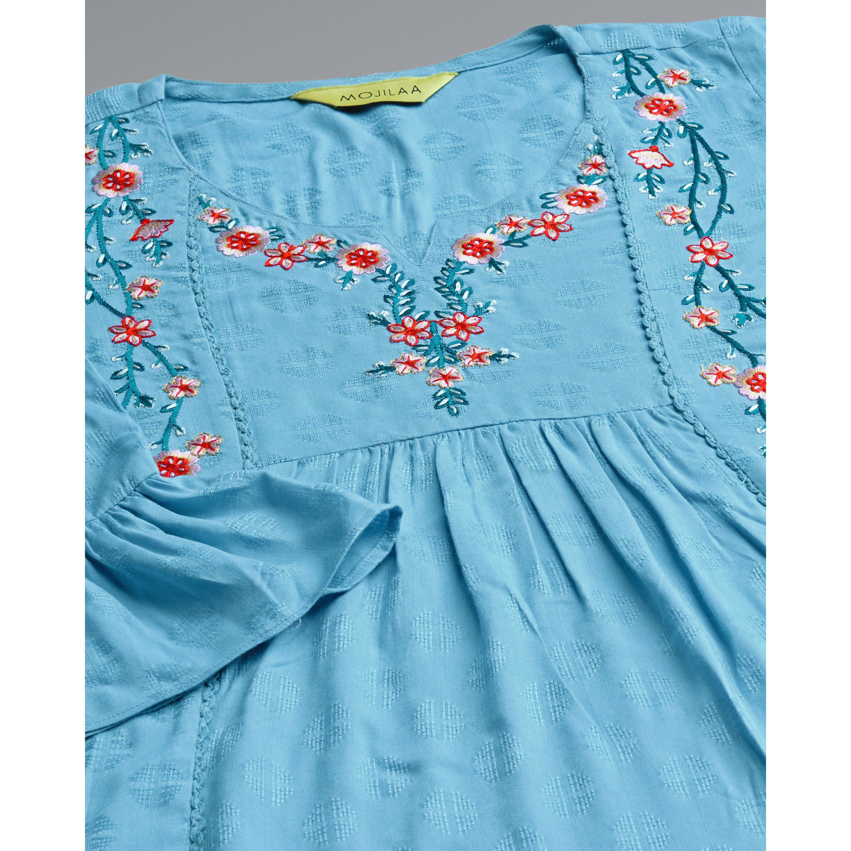 MOJILAA Women's Turquoise Pure Viscose Rayon Floral Embroidered A-line Top