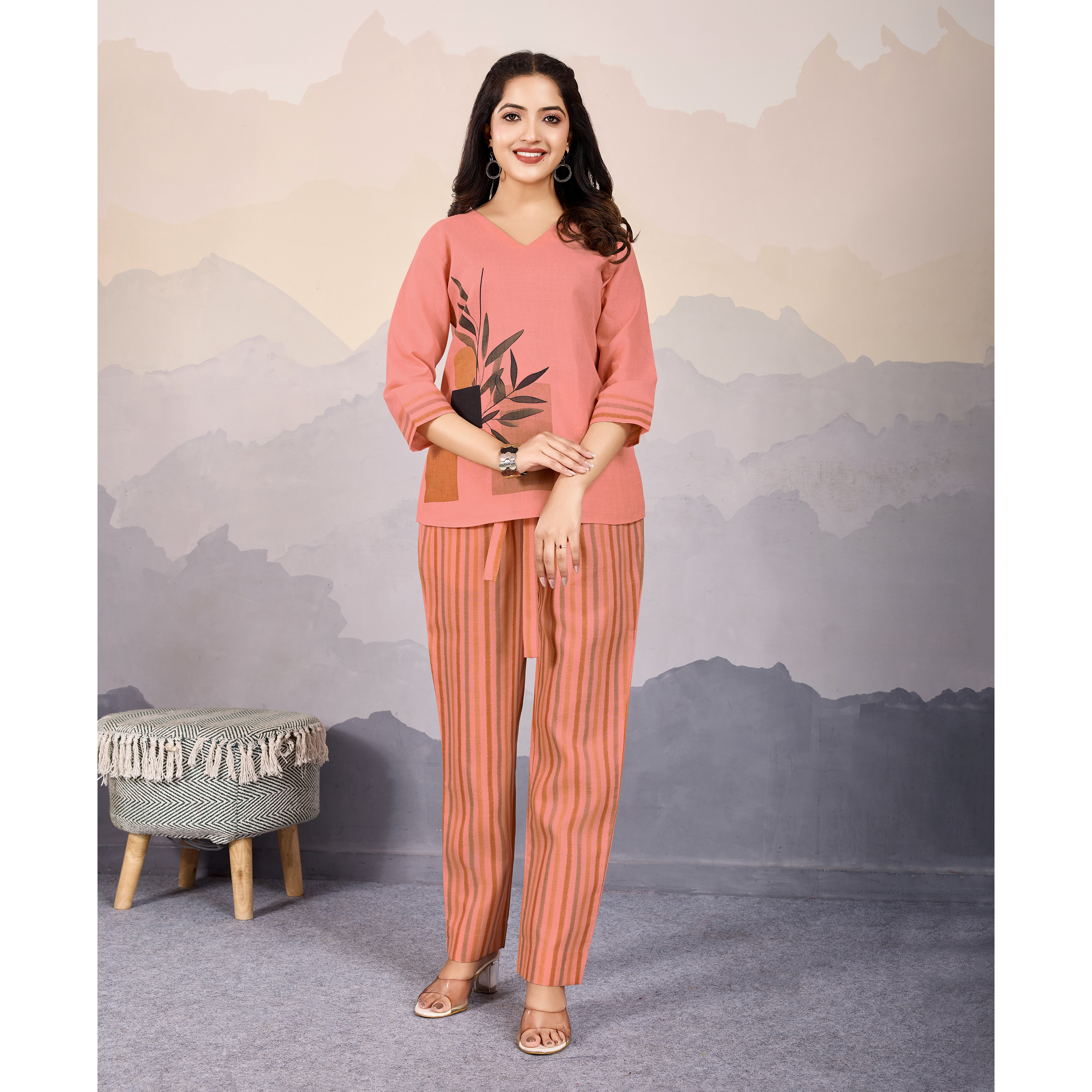 MOJILAA Women's Peach Linen Silk Leaf Printed Causal Co-ord Set