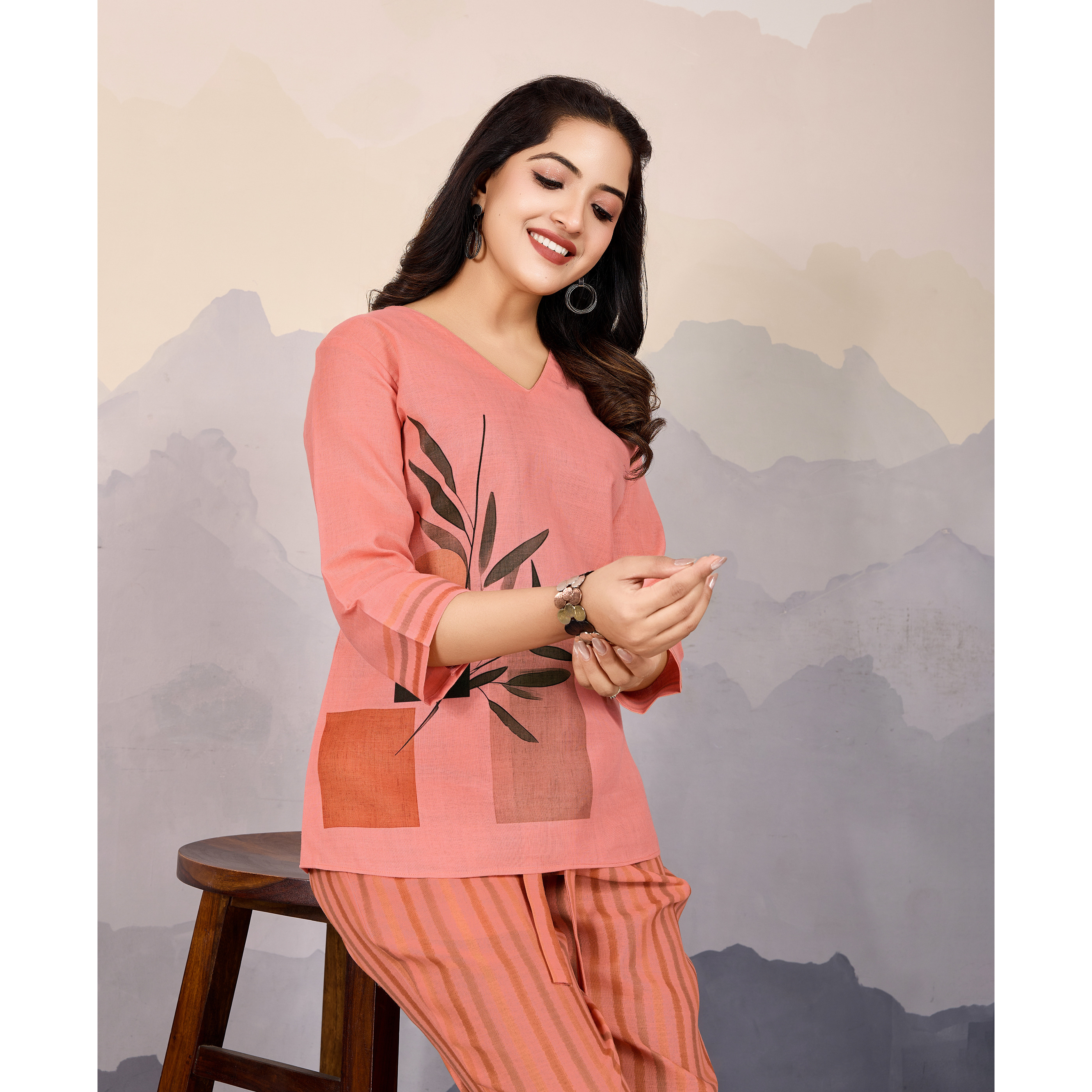 MOJILAA Women's Peach Linen Silk Leaf Printed Causal Co-ord Set