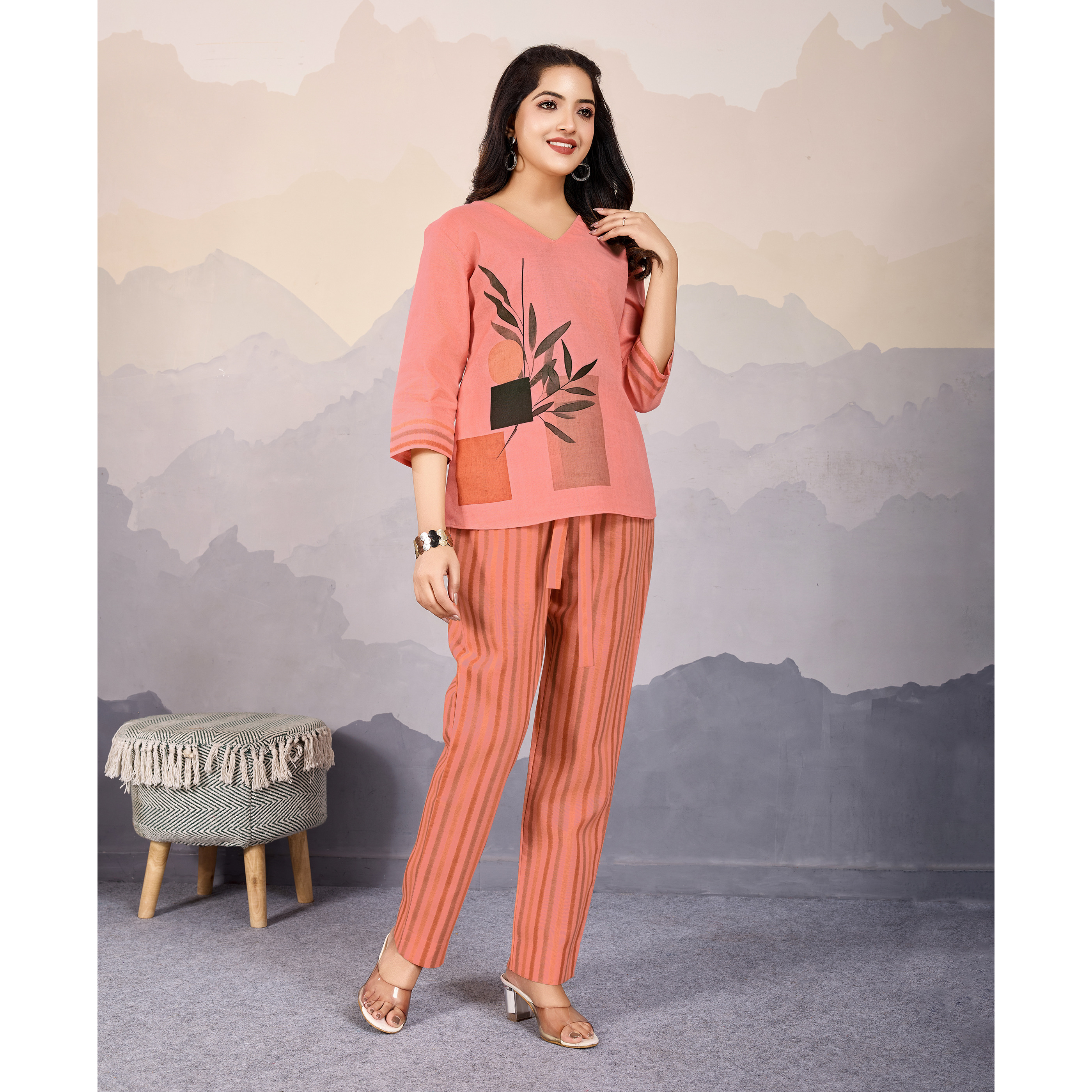 MOJILAA Women's Peach Linen Silk Leaf Printed Causal Co-ord Set